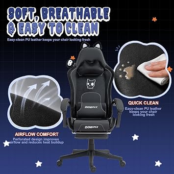 Dowinx Gaming Chair with Cat Ears and Massage Lumbar Support, Ergonomic Computer Chair with Footrest and Headrest, Comfortable Reclining Game Chair 290lbs for Adults, Black