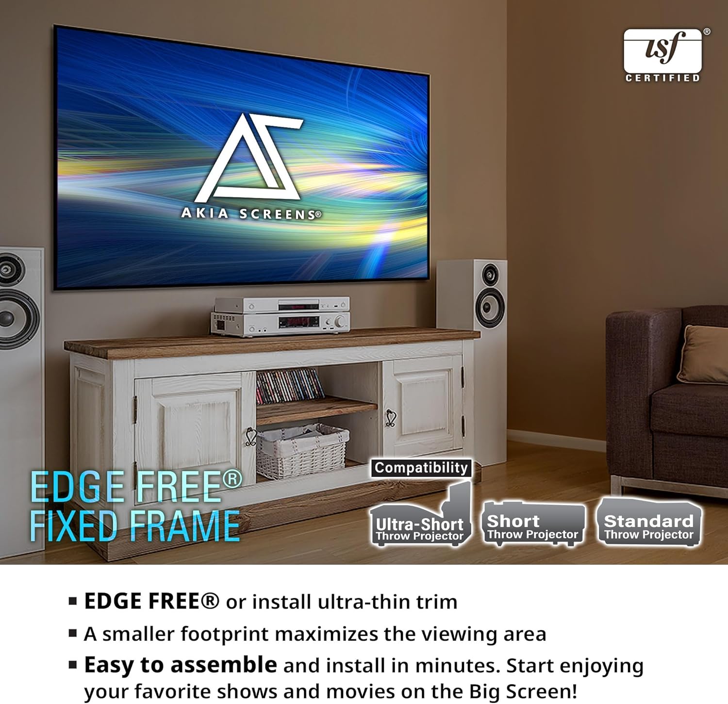 Akia Screens 145 Inch Edge Free Fixed Frame Projector Screen 16:9 8K 4K Ultra HD 3D Ready CINEWHITE UHD-B 1.3 Gain Wall Mounted Indoor Home Theater Screen for Projector – AK-NB145H.