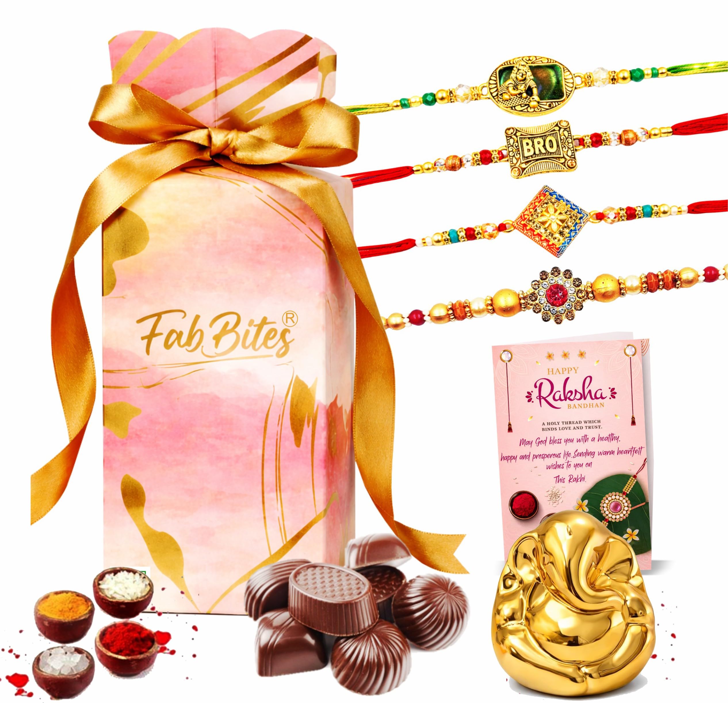 Rakhi Hamper for Brother-Set of 4 Rakhi with 12 Variety Handmade Delicious Chocolates, Elegant Ganesh Ji Idol Gift Set, Tikka Set,Rakhi Greeting Card-Gift Hamper for Brother Bhabhi-image-20