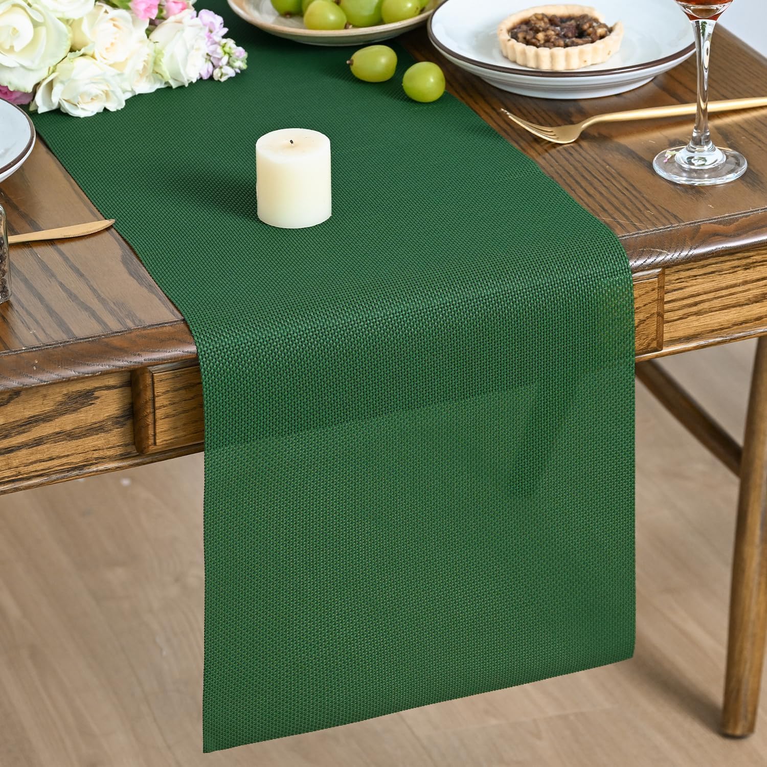 Artoid Mode Dark Green PVC Christmas Table Runner 30x183 cm, Washable Stain Resistant Kitchen Dining Table Decoration for Home Party Decor