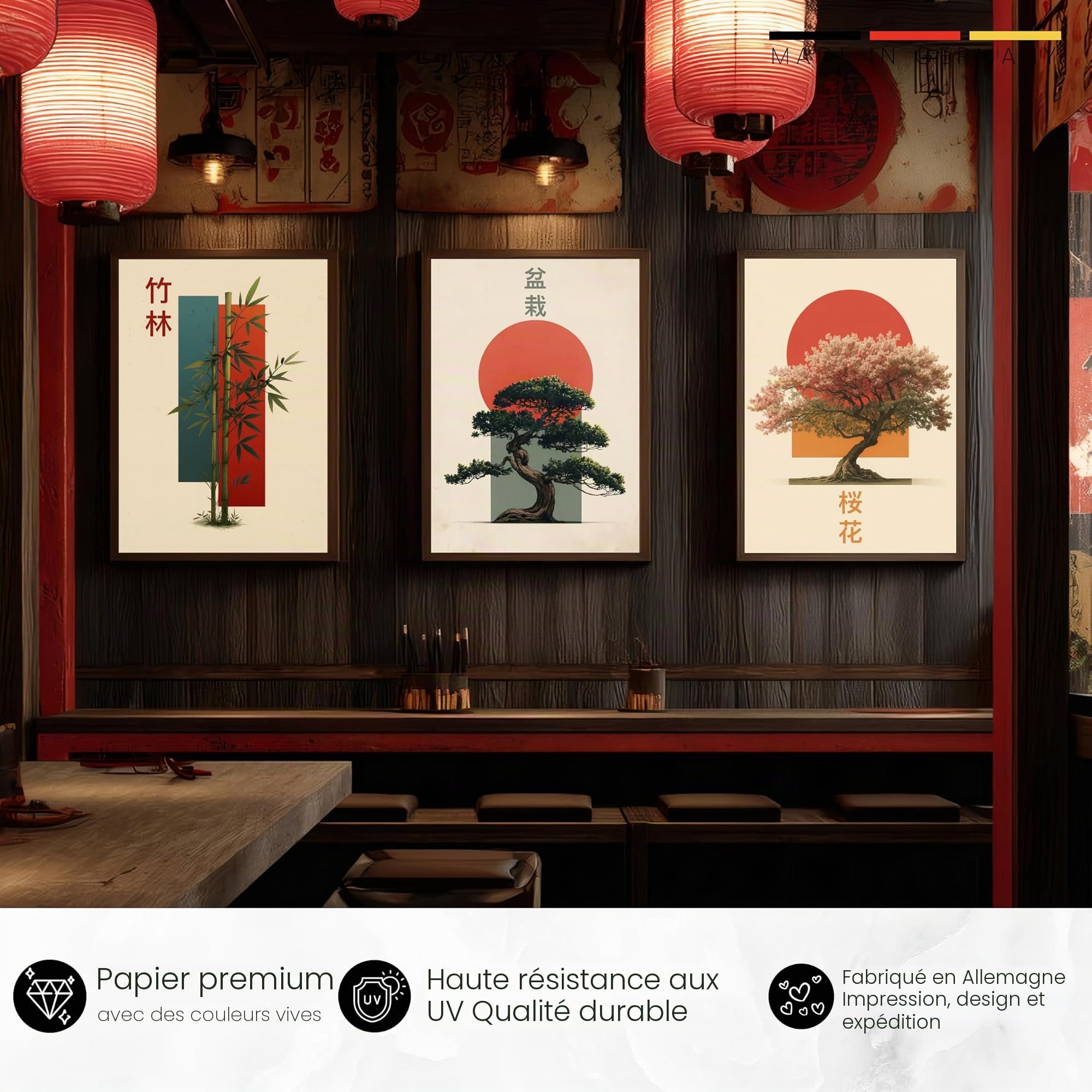 Donari Lot de posters japonais – Tableaux muraux avec motifs asiatiques | Kyoto, Tokyo & culture traditionnelle | Idée cadeau pour les fans du Japon (lot de 6 - Bonsaï x Bambou, 30x40 cm, Cadre noir)