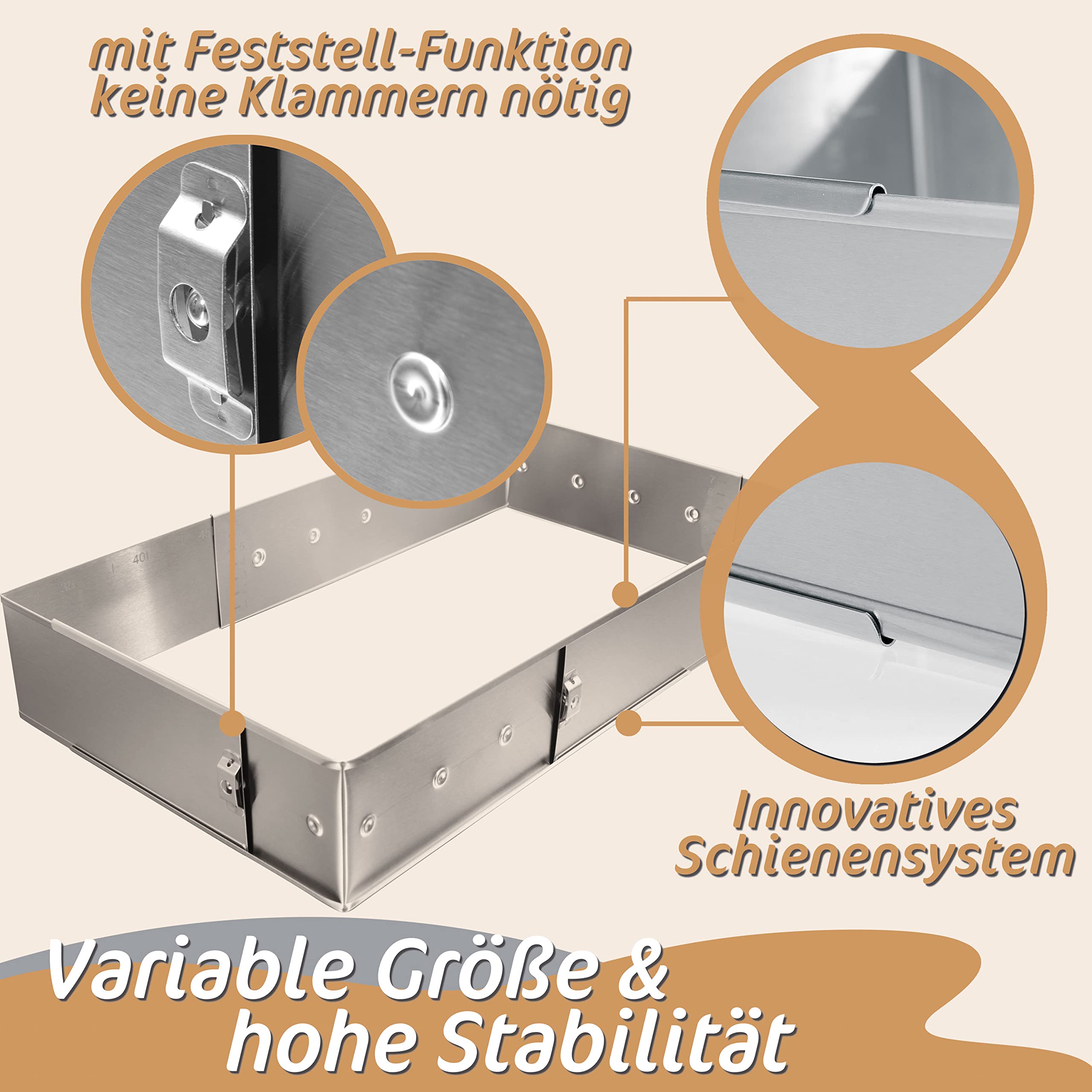4smile Backrahmen rechteckig verstellbar - Edelstahl Backform rechteckig, 8 cm hoch – Profi-Kuchenform eckig B 20-35cm x L 35-50cm, innovatives Schienensystem