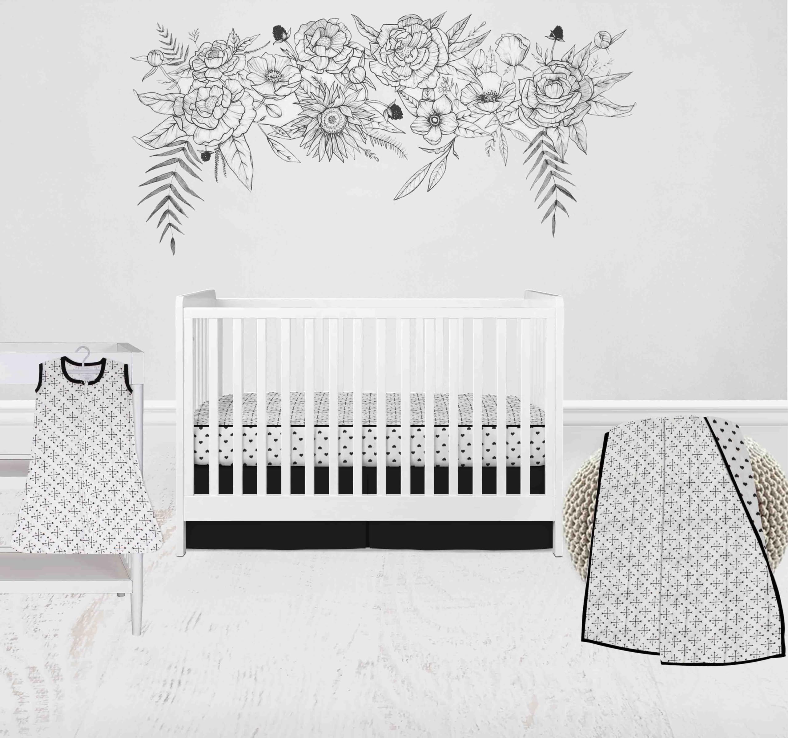 Bacati - 100 Percent Breathable Cotton Muslin 4 Piece Nursery Baby Crib Bedding Set for Boys/Girls US Standard Crib (Love/Hearts Black)