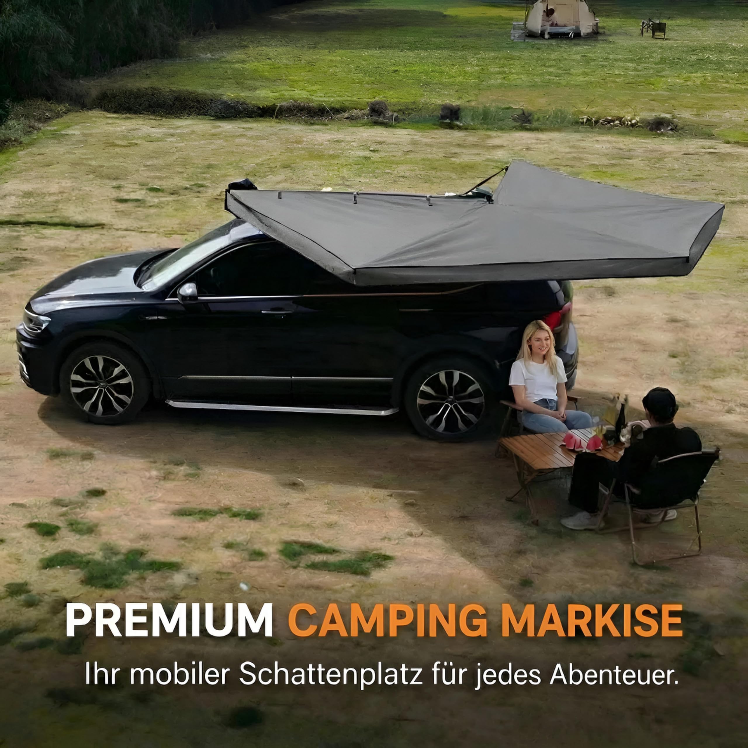Markisenvorzelt 270° Autodachmarkise Auto Markise, Vordach, Dachzelt Schwarz/Grau LED (200x200cm für die Beifahrerseite)