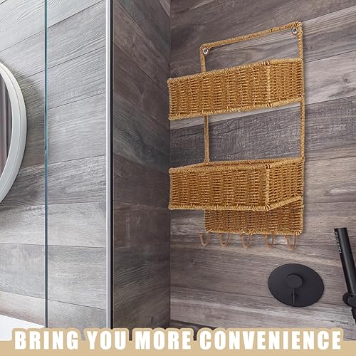 Miniatura 5 de Angoily Cesta clasificadora de almacenamiento tejida de 2 niveles con 5 ganchos, cesta de frutas colgante de ratán para cocina, verduras,