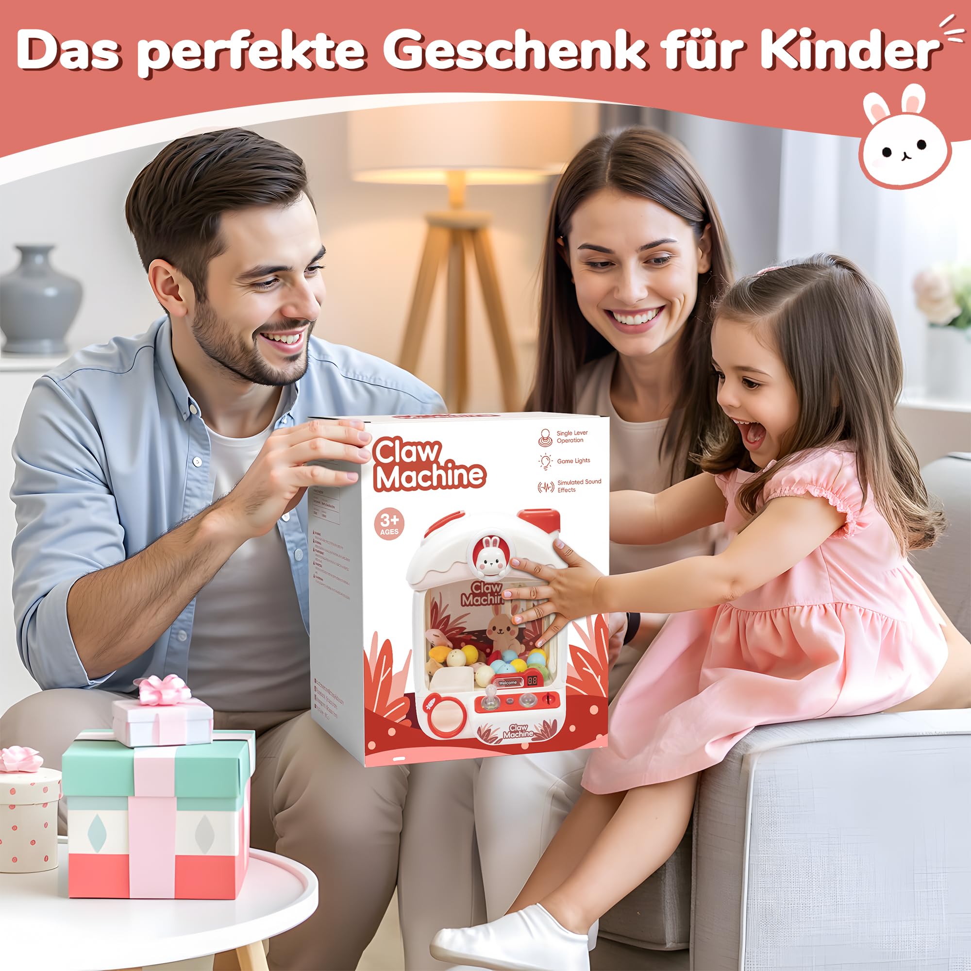 cossy Greifautomat, Greifautomat Kinder mit Licht und Musik, Süßer Kaninchen Candy Grabber mit 24 Spielmarken, 10 Spielzeugen und Kapselspielzeugen, Kinder ab 3 Jahren, Rosa