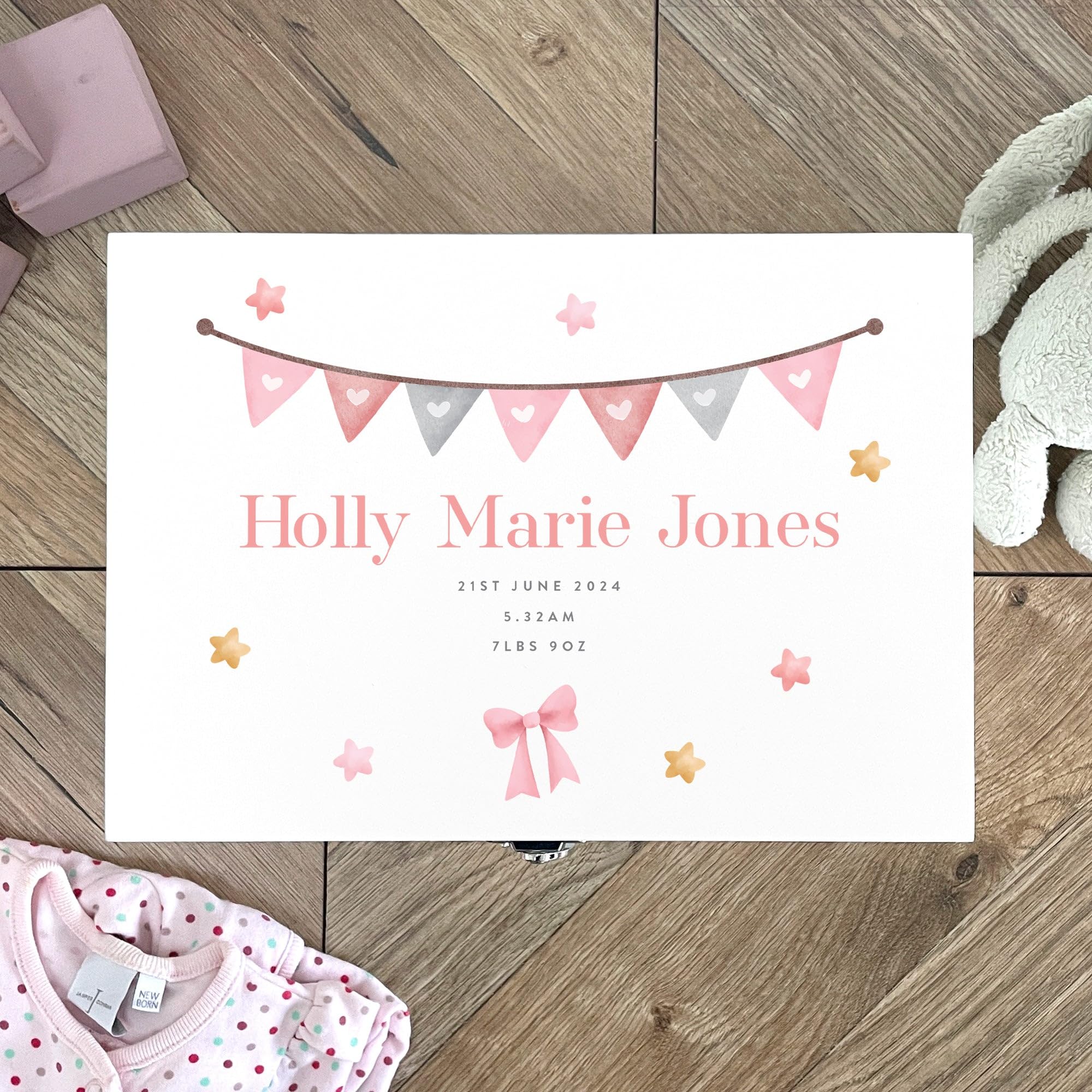 Caja de recuerdos de madera blanca con guirnalda rosa personalizada para baby shower, nuevo bebé, 27 x 19 x 14 cm