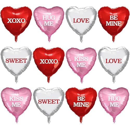 12 Pcs Valentines Day Heart Balloons - 18 Inch Red Pink Silver Foil Heart-shaped Balloons Candy Heart Metallic Balloons for Valentines Day Engagement Wedding Party Supplies Decorations