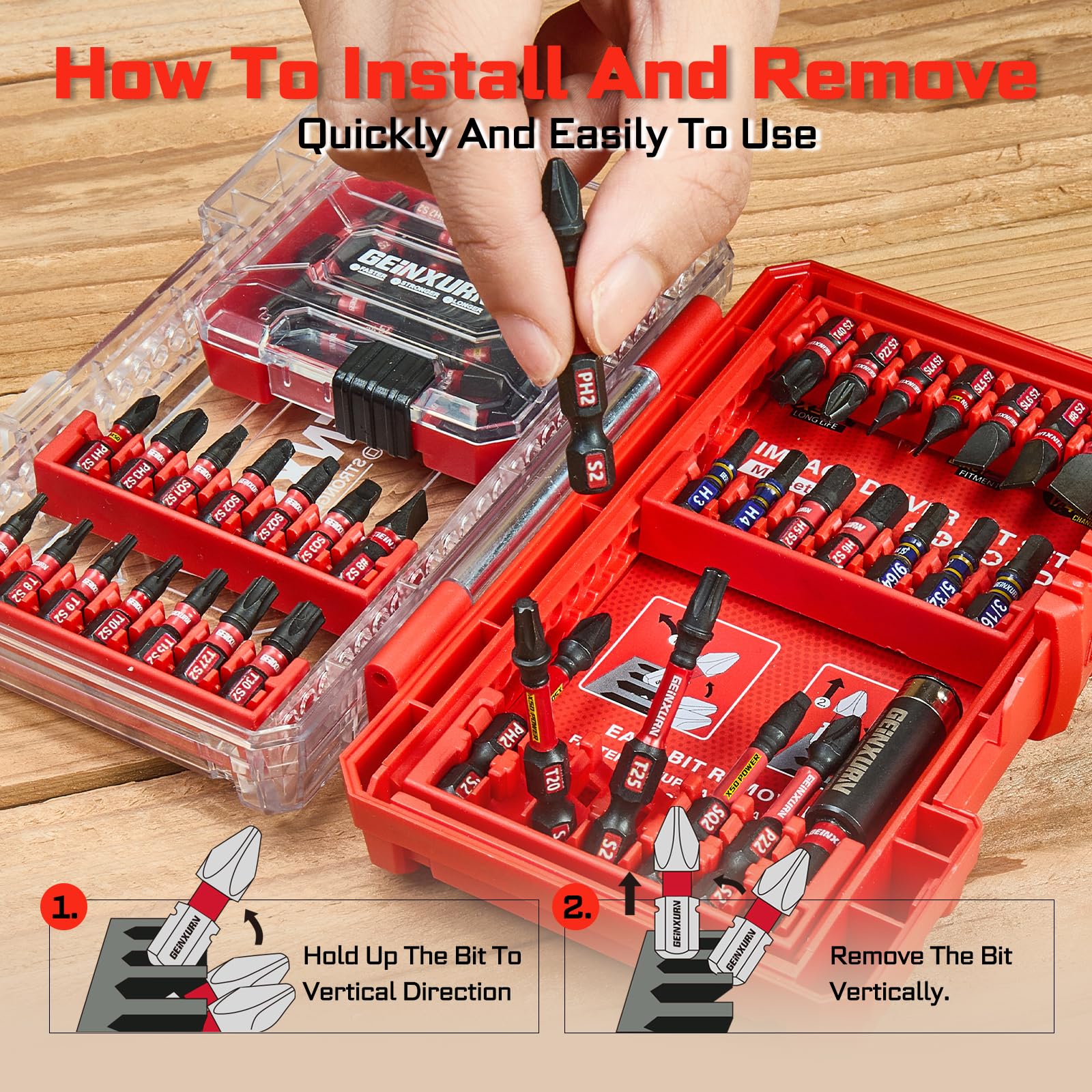 Geinxurn Juego de 65 puntas de destornillador de impacto, puntas magnéticas de acero S2 Phillips/ranuradas/cuadradas/torx, soporte de brocas de impacto con caja de almacenamiento roja
