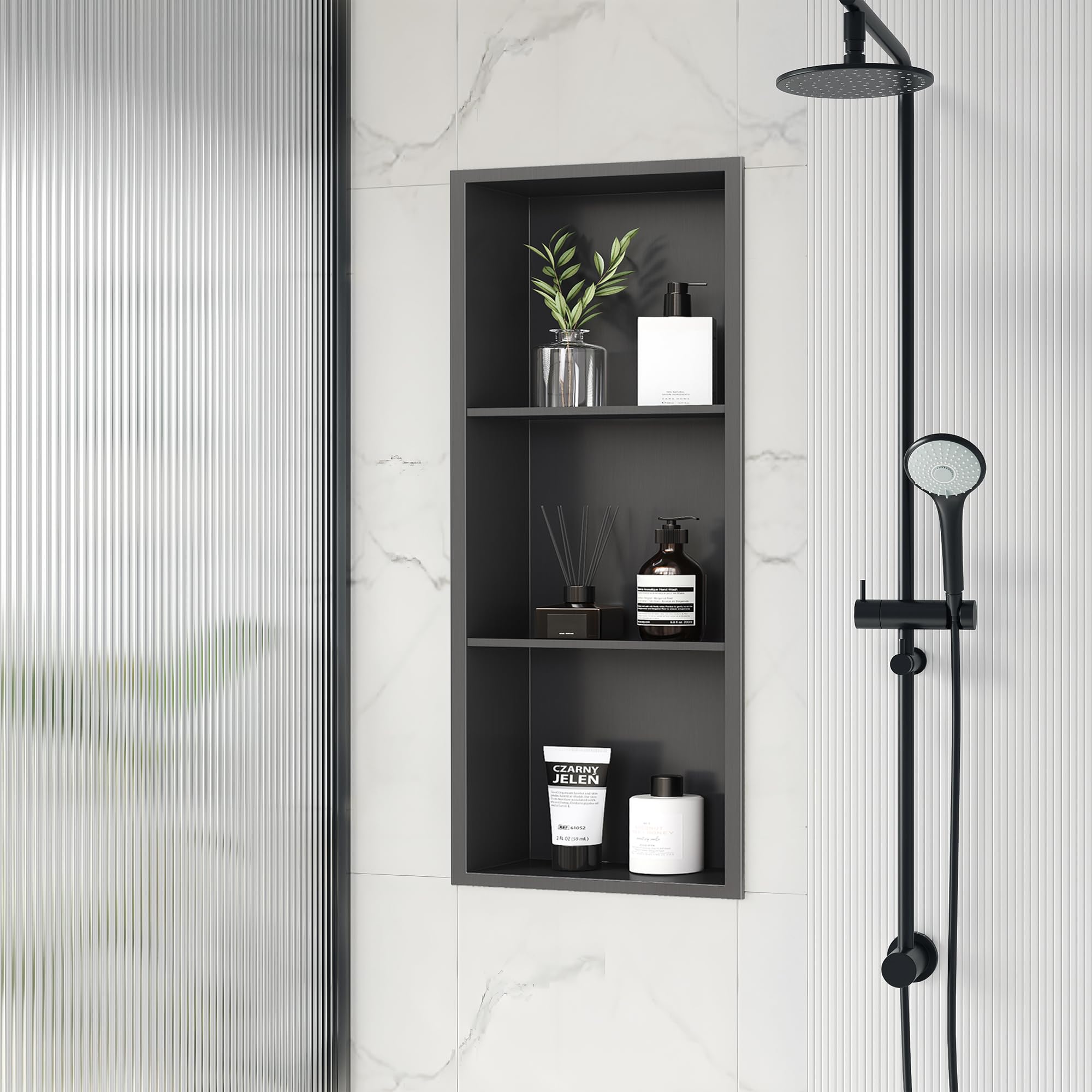 Qeke Stainless Steel Shower Niche 12" X 29", No Tile Needed Wall Niche Three-Tier, Recessed Shower Shelf for Bathroom Storage, Gun Metal