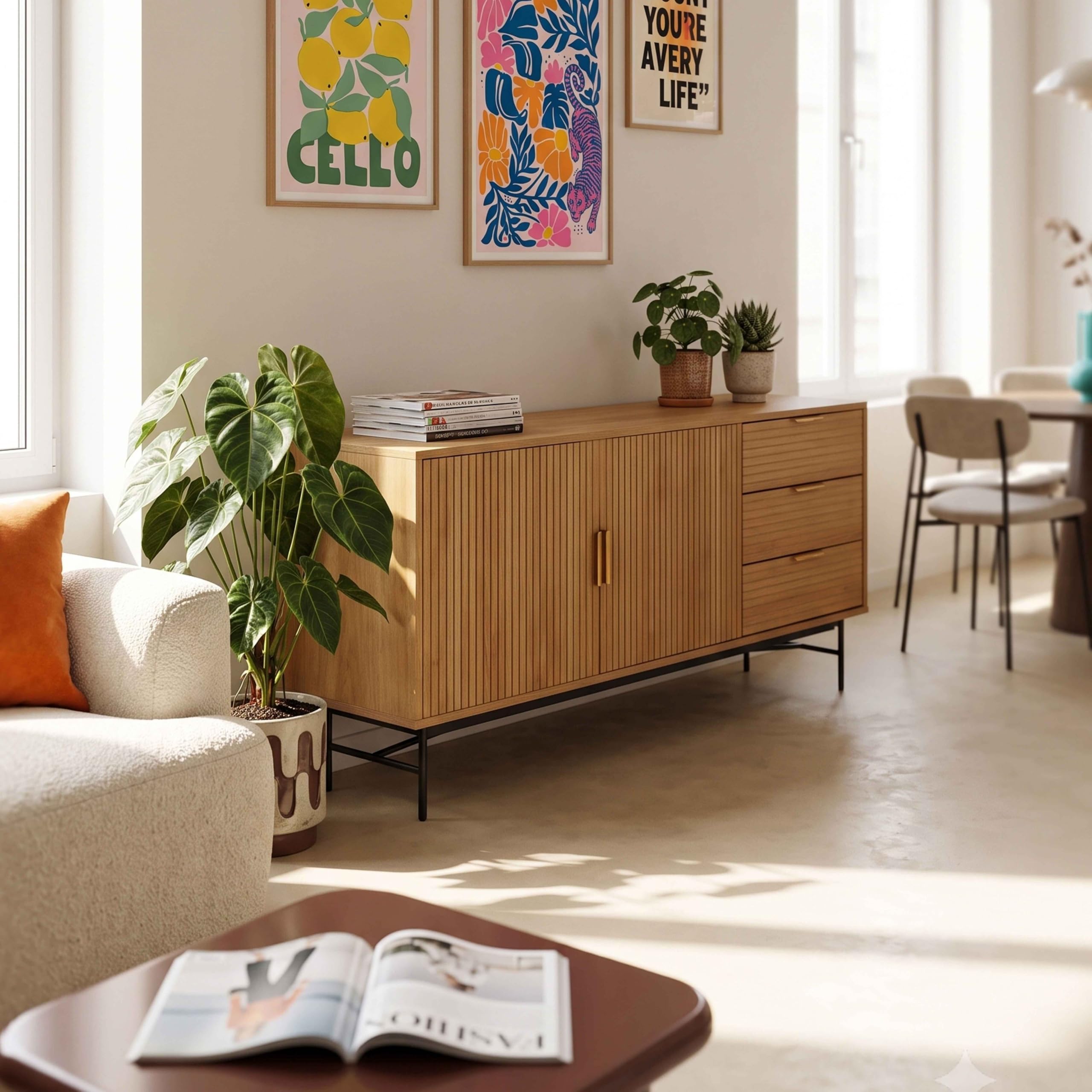 Oviala Buffet 2 Portes et 3 tiroirs en mélaminé et Acier 160 cm Beige