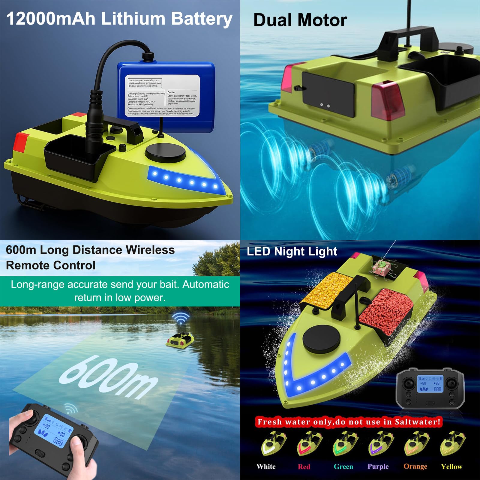 łódka Zanętowa, GPS RC łódka Zanętowa z Pilotem 600 m, ładowność 2 kg, Bateria Litowa 12000 mAh, z Lampką Nocną LED