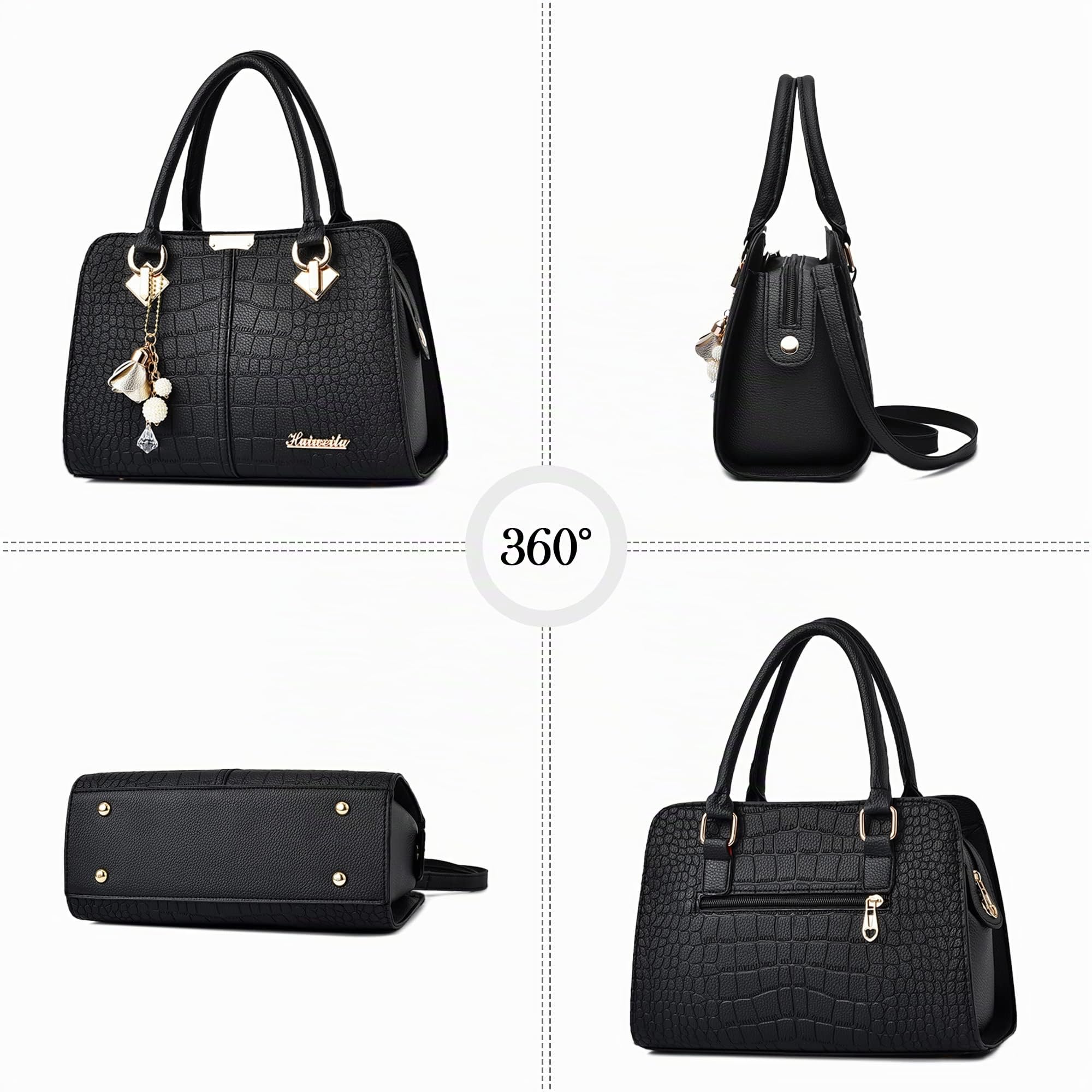 Handtasche Damen Mittelgroß - Elegante Große Kapazität Wasserdicht PU Leder Mode Ornamente Abnehmbarem Schulterriemen für Reisen Arbeit Einkaufen Klavierschwarz