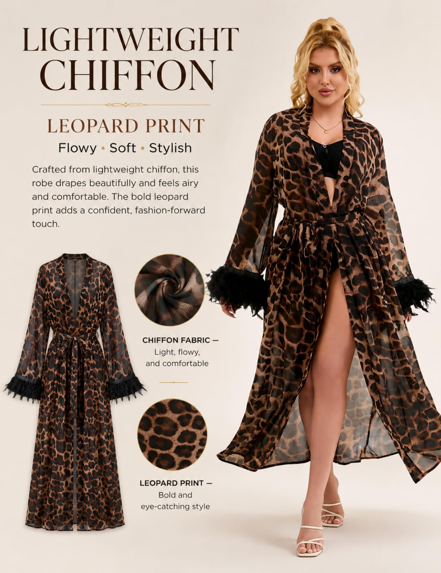 comeondear Morgenmantel Damen Sexy Lang Bademantel Leopard Tüll Kimono Robe