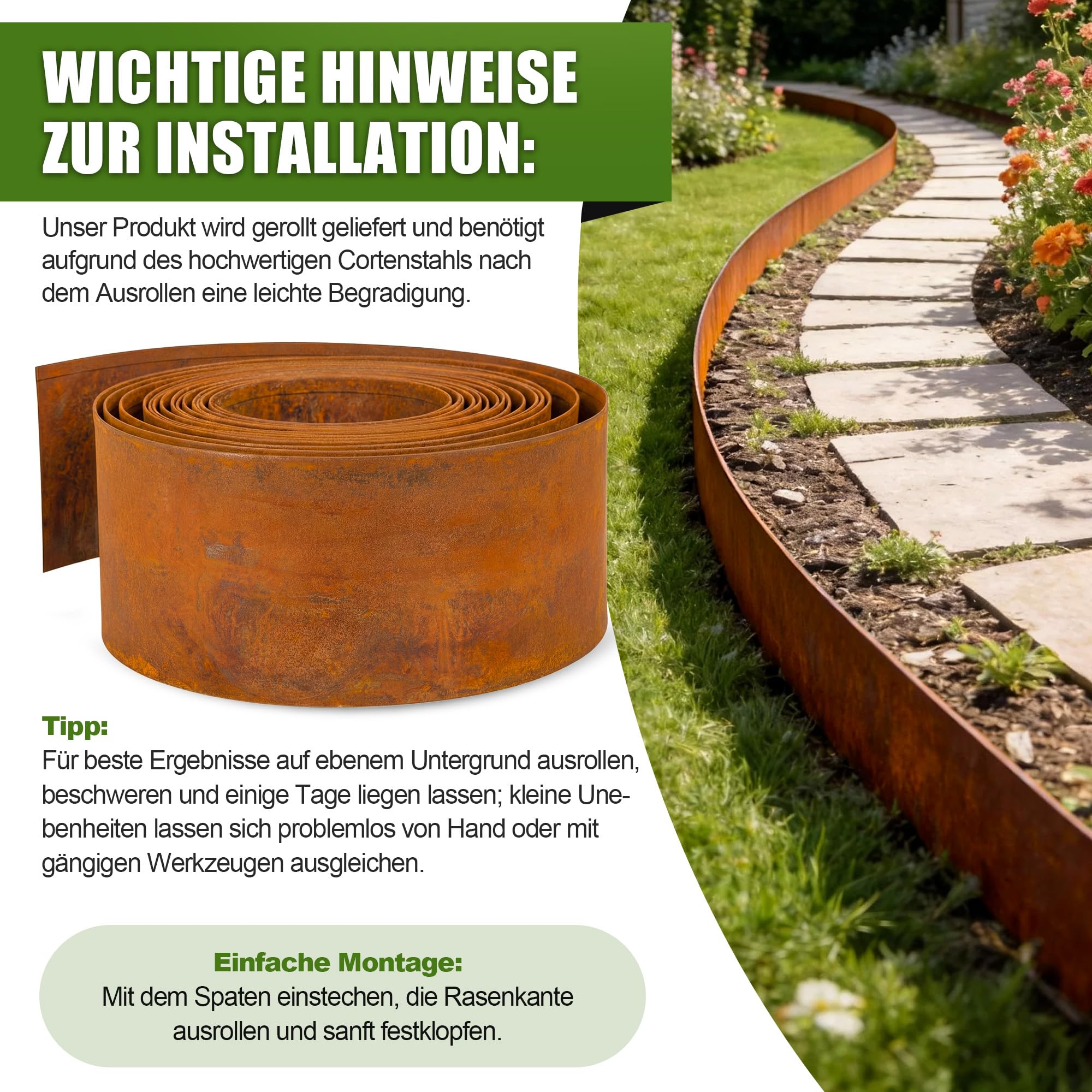 Enhon Borde de césped de Acero Corten, 10 m, Borde de Metal para parterres, 15,5 cm de Alto, Flexible y cortable; para diseño de Jardines, Bordes de césped, parterres, Caminos de Grava