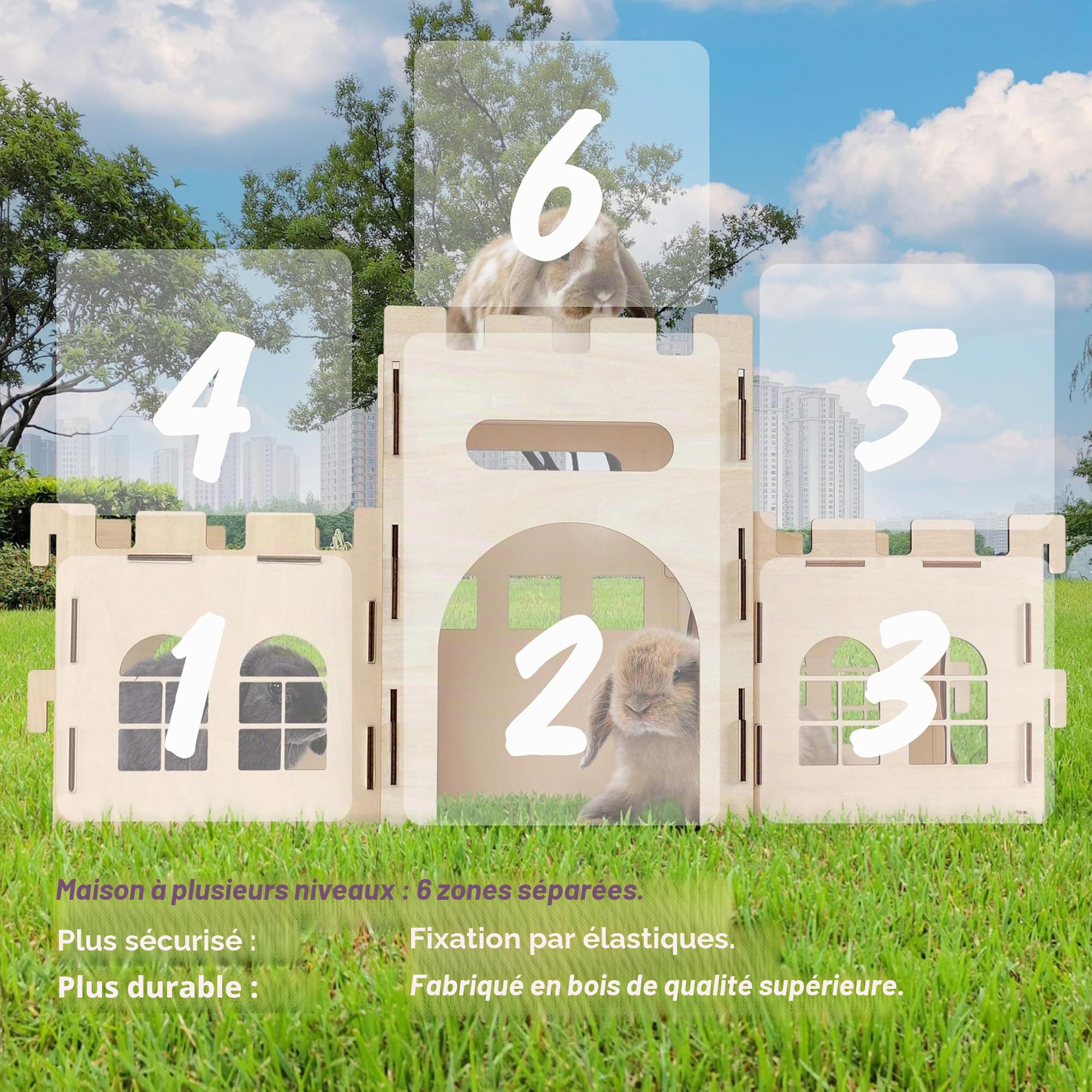 HIIMALEX Cachette de château de Lapin Extra Large pour l'intérieur - Balcon divisé pour Lapins - Tour d'escalade avec Tunnel - Maison Stable pour Lapins, furets, cochons d'Inde, Hamsters
