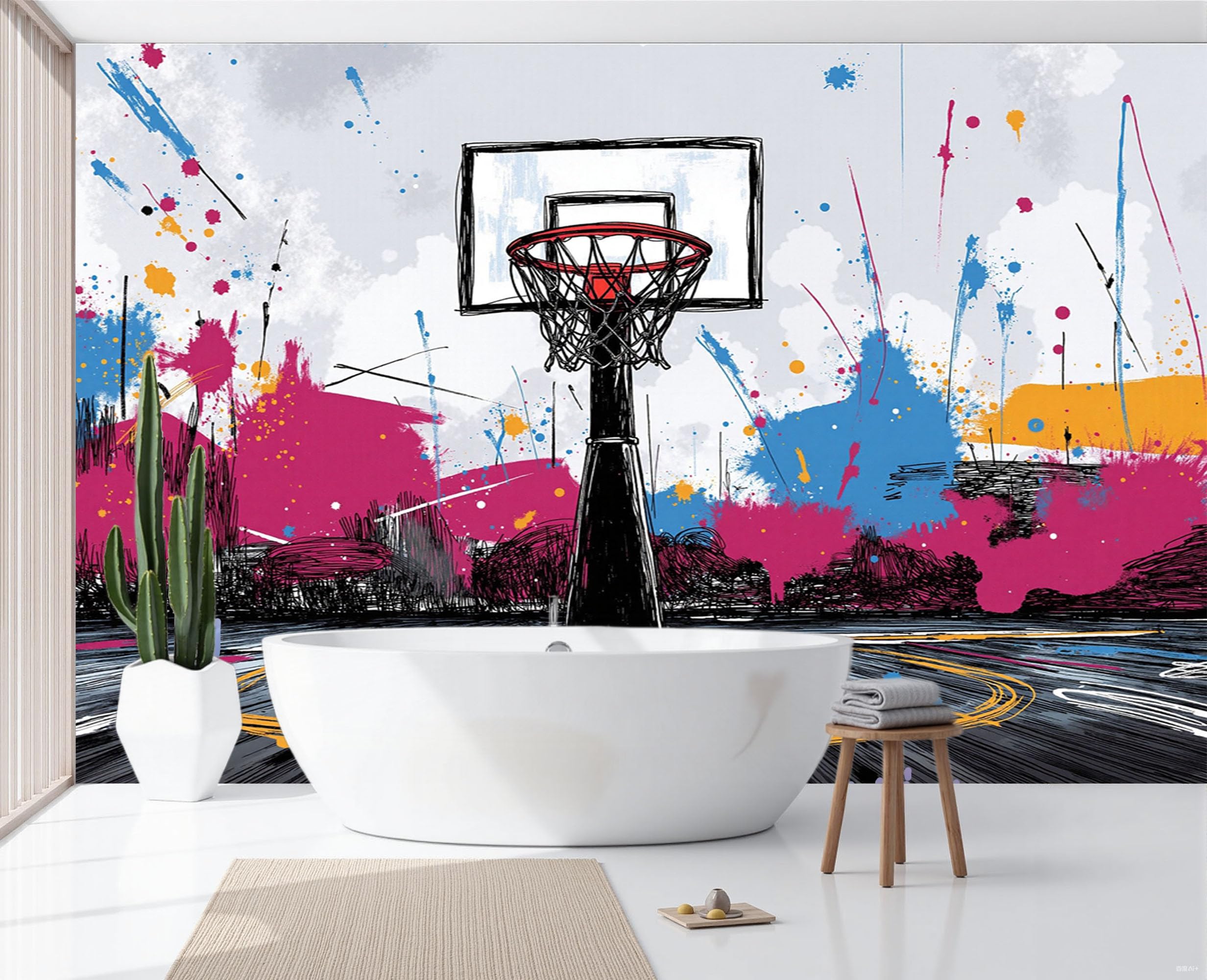 Papier peint panoramique basket graffiti rose deco murale salon chambre 350x256
