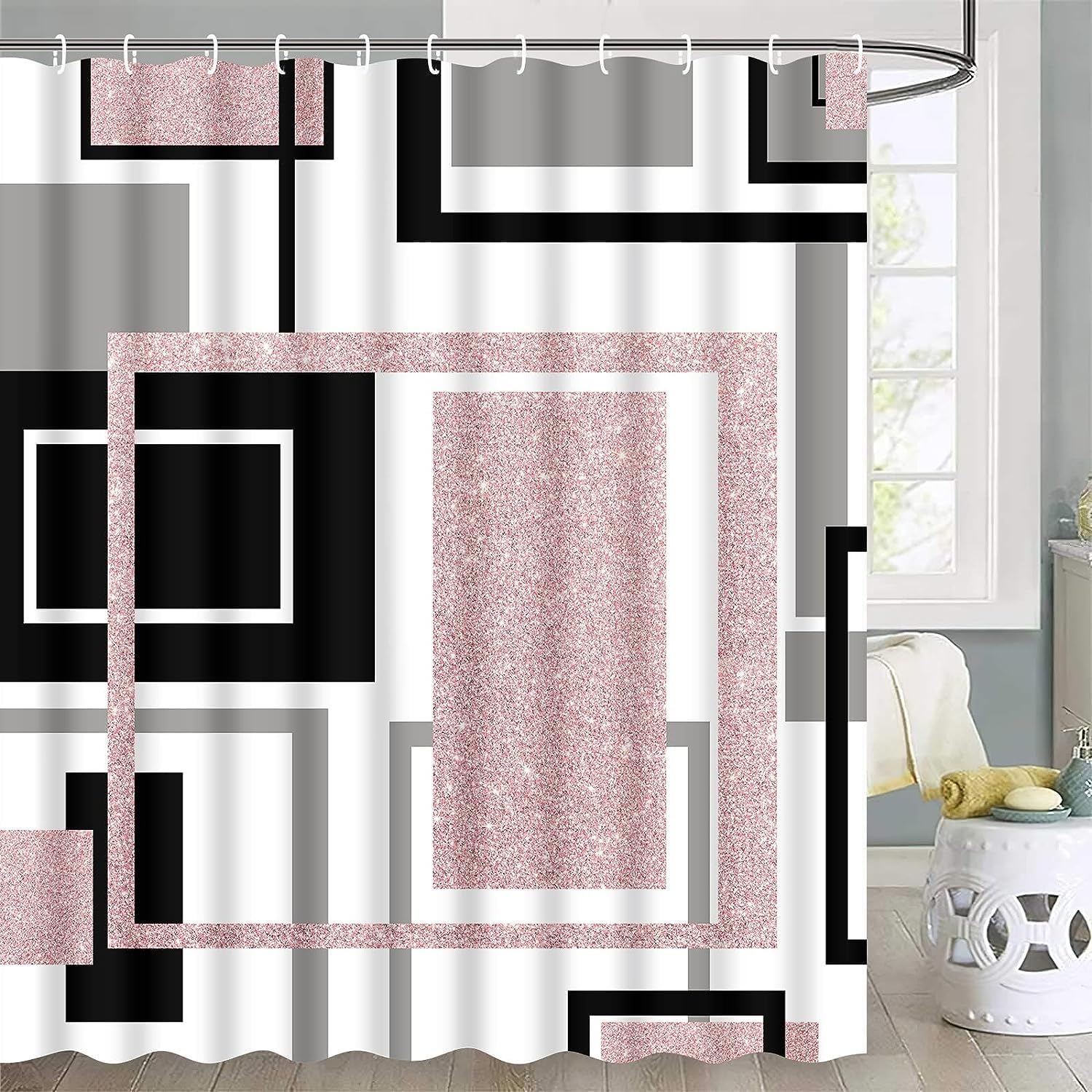 Geometrisches Duschvorhang-Set mit rutschfesten Teppichen und Badematte, abstraktes Kunst-Design, wasserdichte Vorhänge, moderne Badezimmer-Dekoration, 4-teilig, Rosa