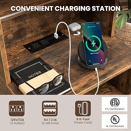 Miniatura 4 de Giantex Mesita de noche con estación de carga mesita de noche de 55 pulgadas de alto con estantes ajustables de 6 niveles mesa auxiliar