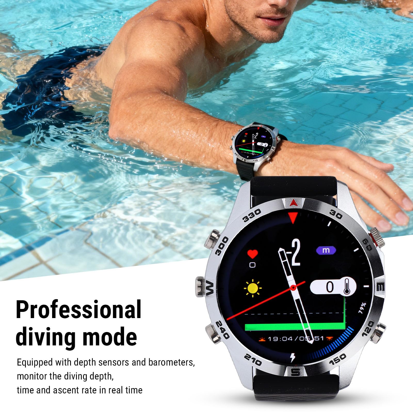 Montre de Plongée, Ordinateur de Plongée Intelligent en Alliage de Zinc, écran de 1,43 Pouces avec Capteur de Profondeur, Idéal pour Les Plongeurs Professionnels et Les Activités
