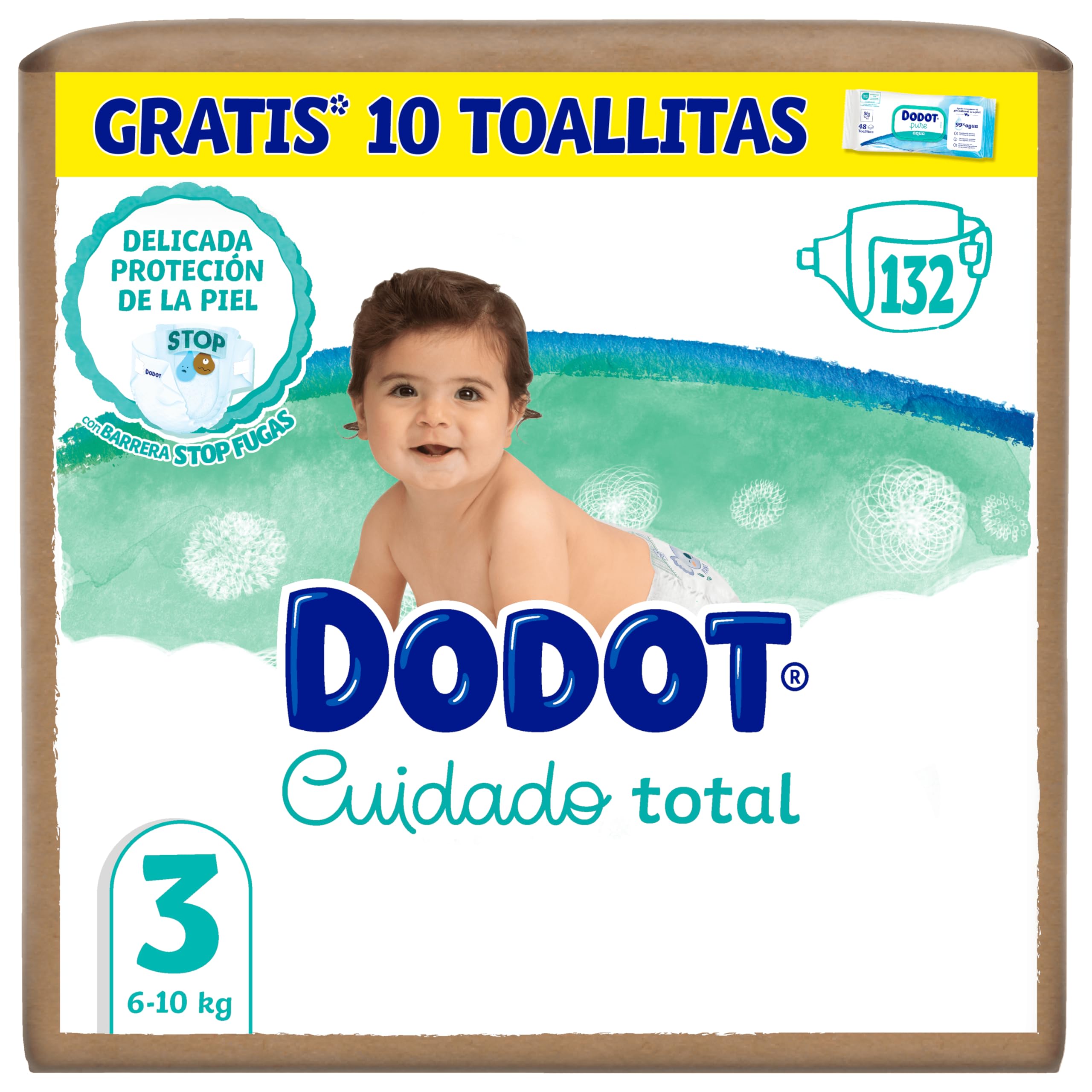 Dodot Pañales Bebé Cuidado Total, Talla 3 (6-10 kg), 132 Pañales +Regalo de 10 Toallitas Aqua Pure 99% Agua, Protección Delicada De La Piel, Pack Mensual