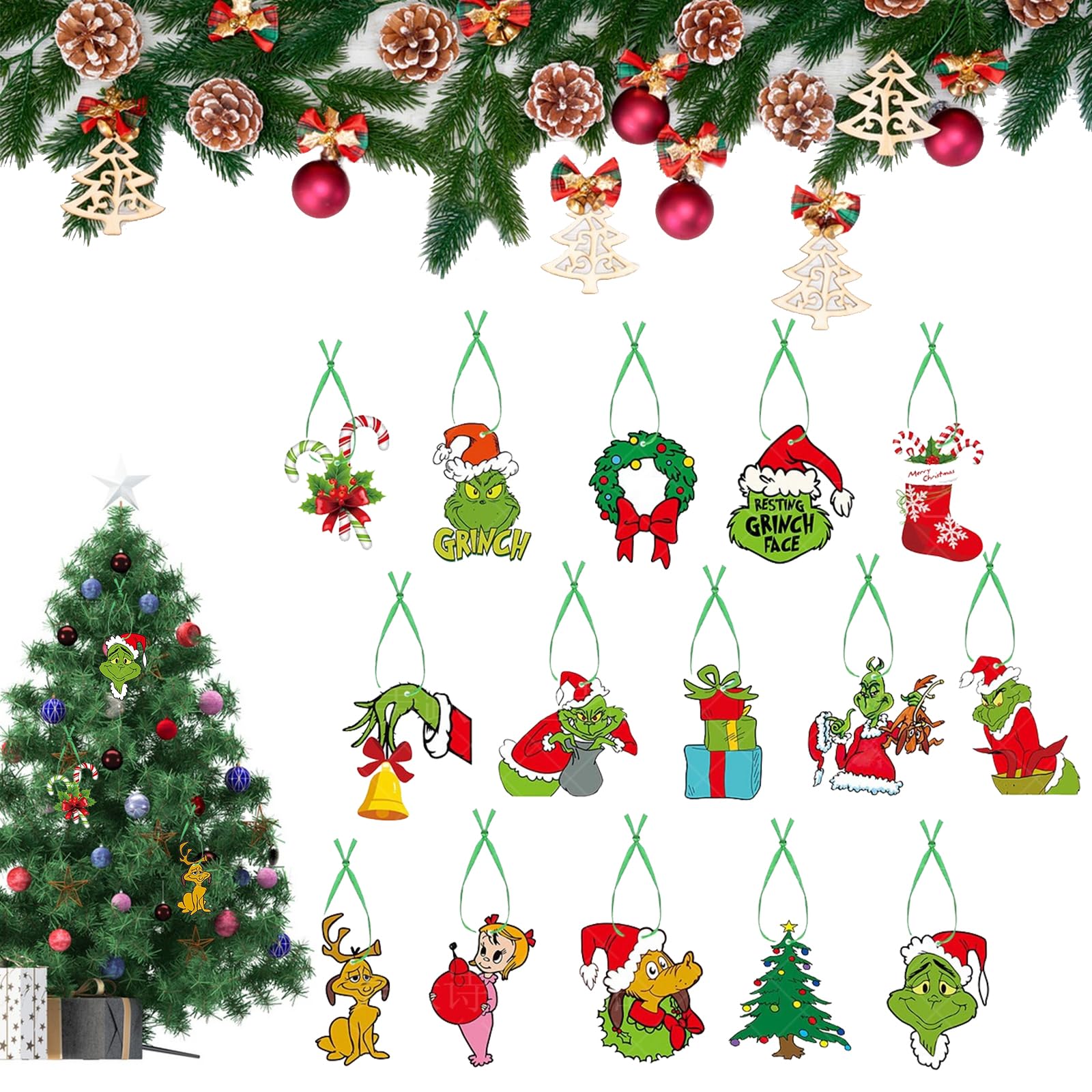 Decoraciones Navideñas de Grinch,15 Piezas Grinch Decoraciones de Arbol de Navidad,Adornos para árbol de Navidad de Grinch,Adorno de Navidad Grinch para Colgar en Papel,Adornos de Grinch Colgantes