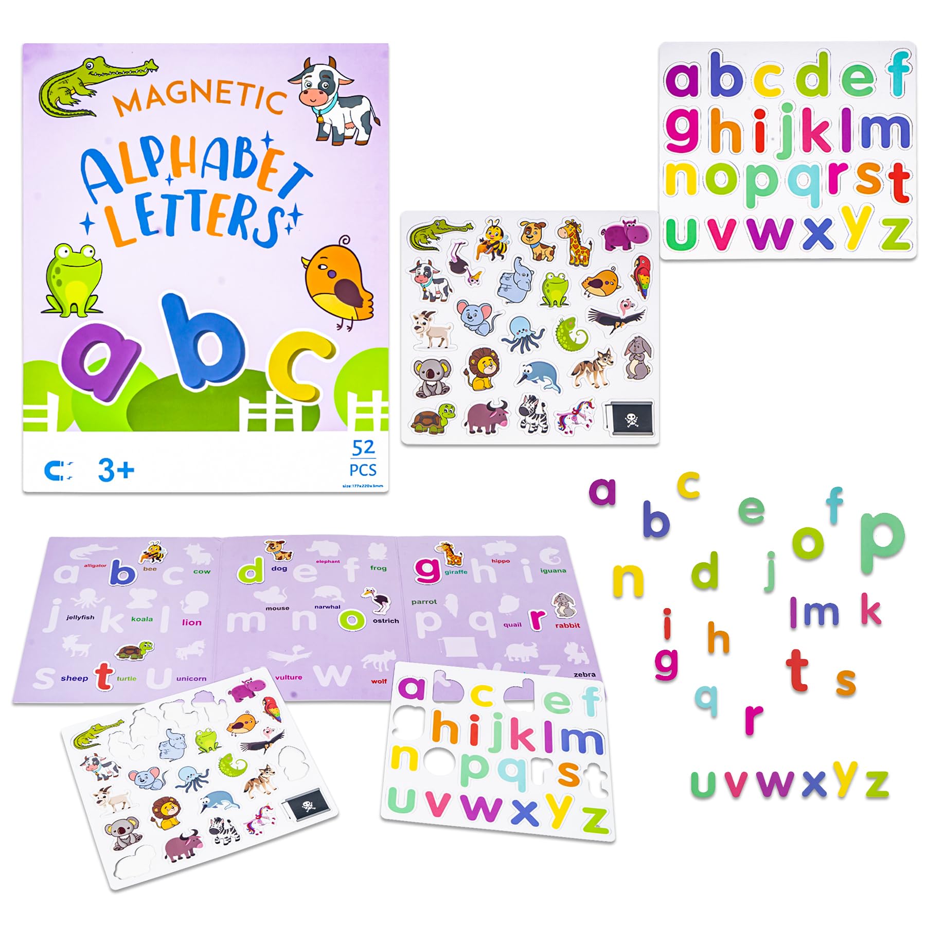 WISHKEY Magnetic Alphabet Letters for Kids – 52 PCS ABC Learning Set with Animals, Lowercase Magnets, Educational Montessori Toy for Toddlers, Preschool Learning for Kids Age 3+