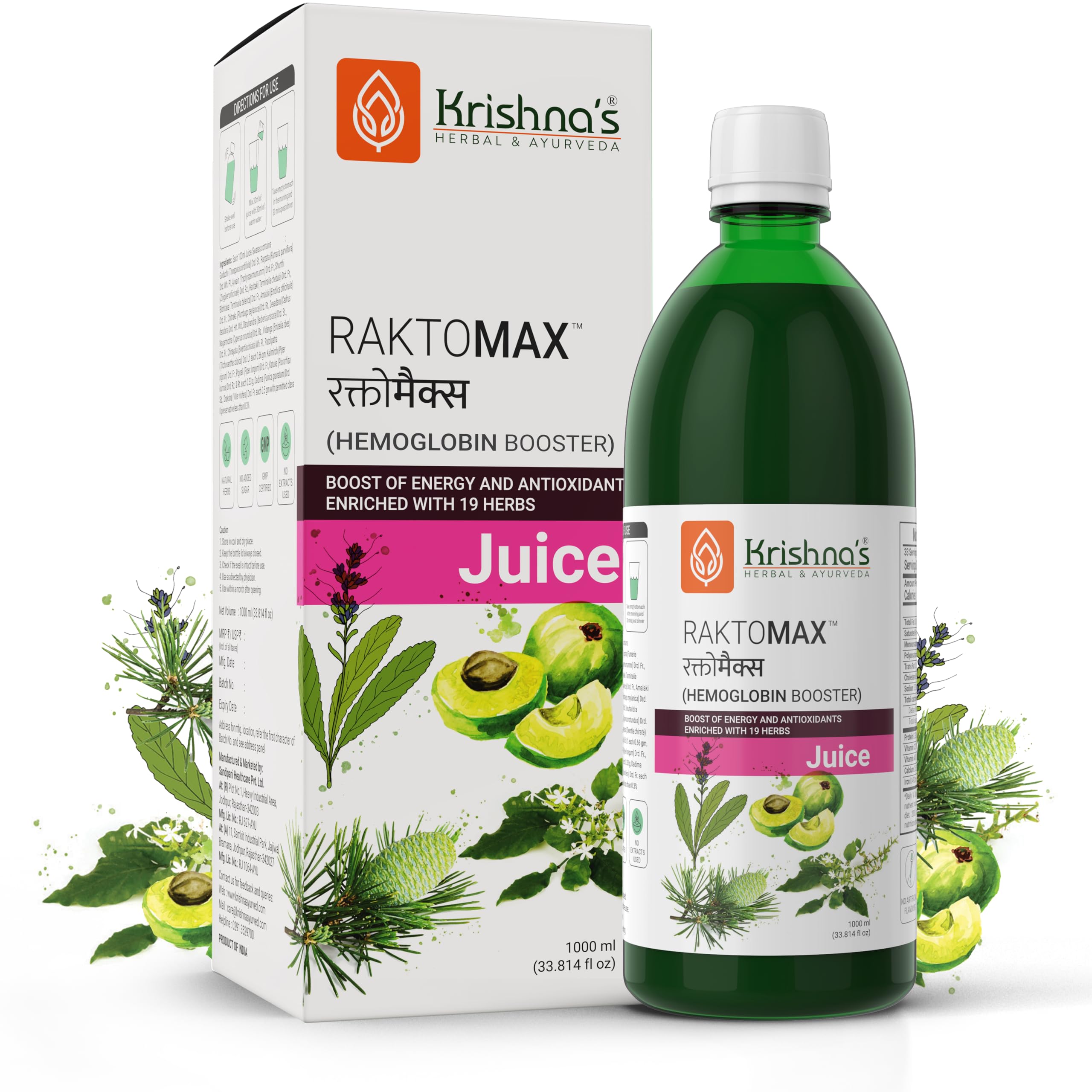 Krishna's Raktomax Juice with Power of Devdaru, Kutki, Amla & 13+ Potent Ayurvedic Herbs for Hemoglobin Boost, Improves Iron Absorption, Energy Support, Detoxification - 1000 ml (Pack of 1)-image-39