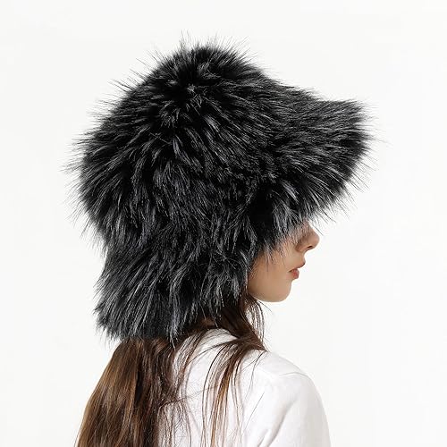 Miniatura 4 de Gorro de pescador mullido para mujer, de invierno, esponjoso, de piel sintética, con diseño de arcoíris, lindos sombreros de pescador para mujer