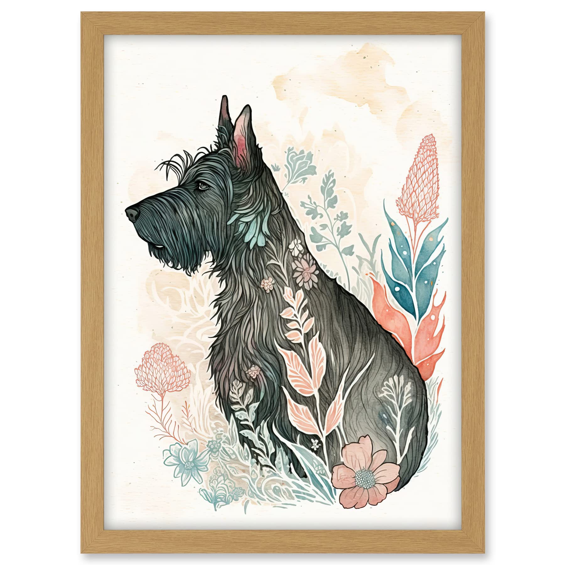 Artery8 Scottish Terrier Dog in Flower Field Bright Modern Multicoloured Watercolour Illustration Artwork Framed A3 Wall Art Print