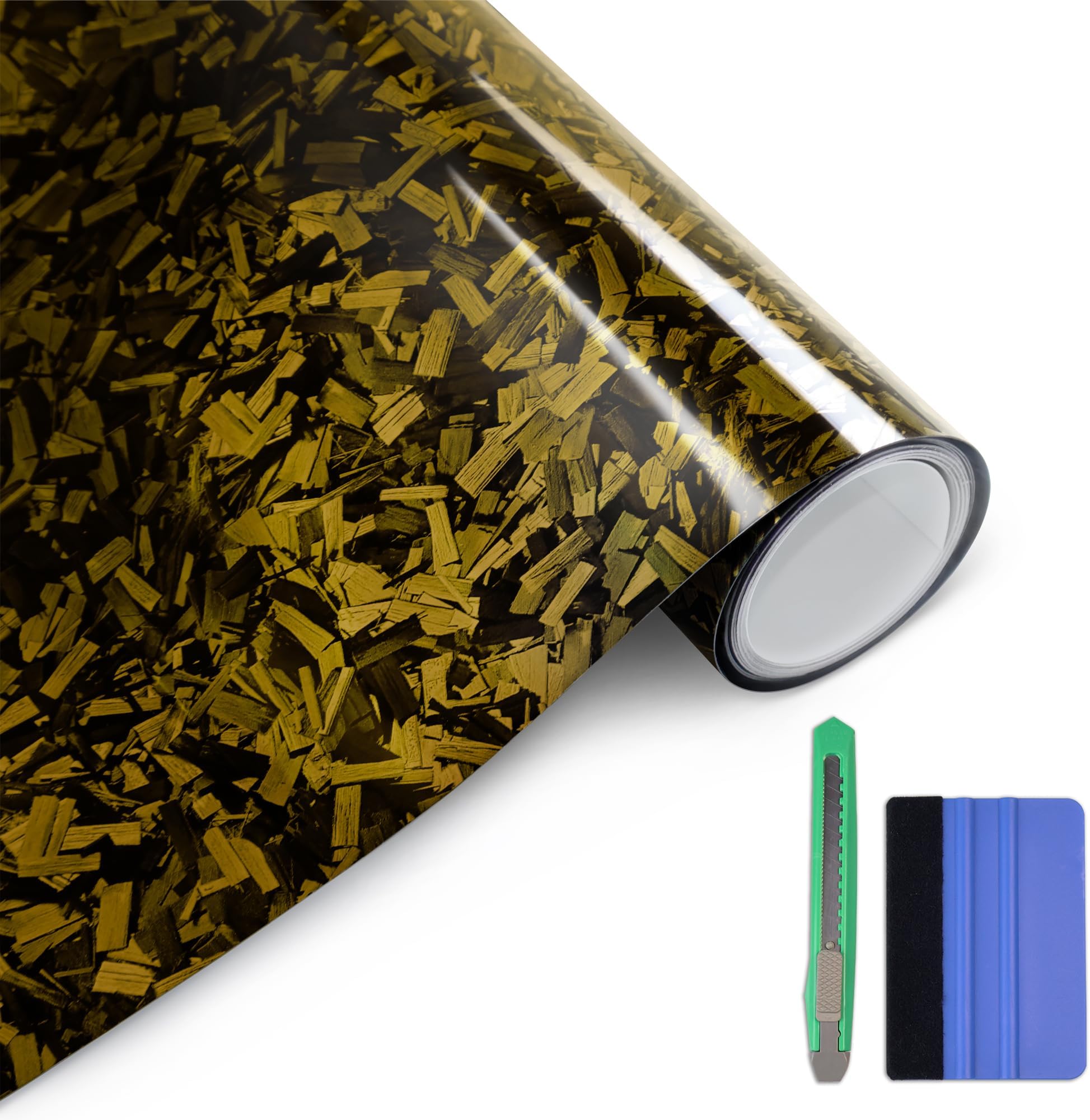 Gloss Forged Carbon Fiber Vinyl Wrap, Car Vinyl Wrap Decal Sticker Film Sheet with Air Release, Contain Installation Tool for Car Auto Morotcycle (1ft x3.5ft, Yellow)
