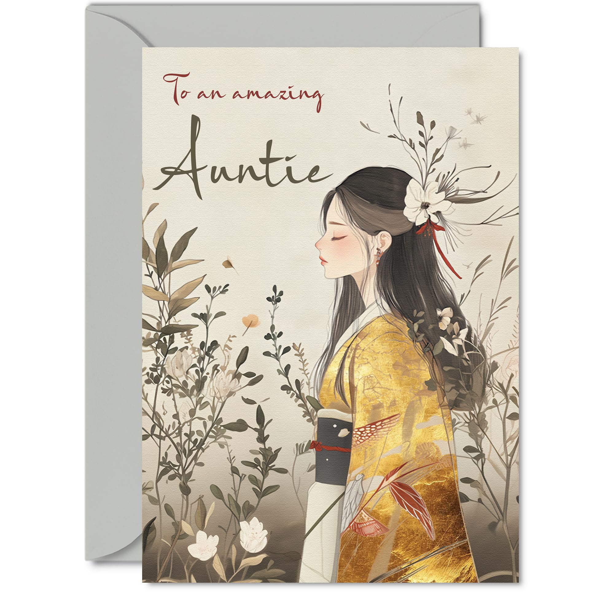 Auntie Birthday Card, Gold Geisha Girl