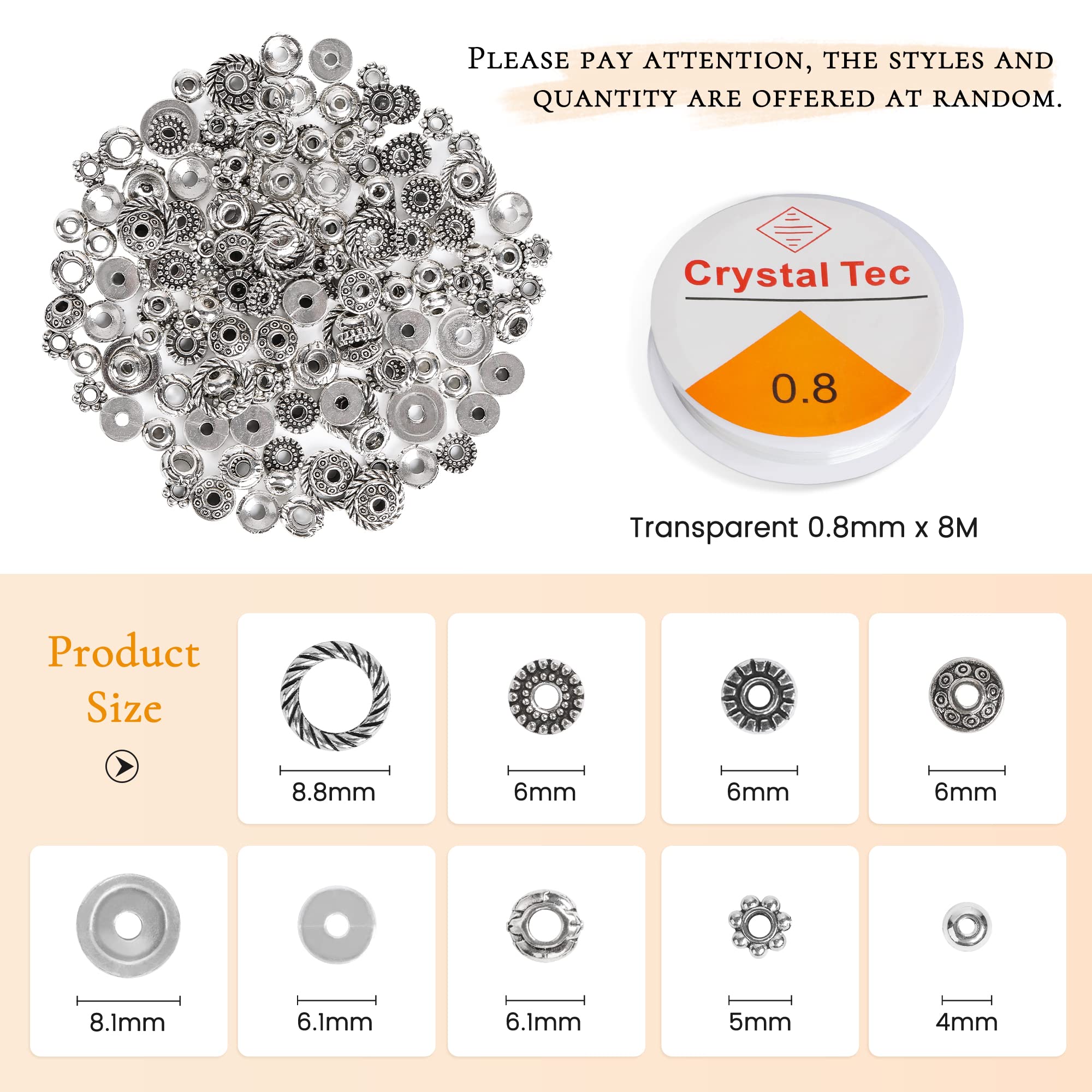 SOSMAR SOSMR 200pcs 8mm Stone Beads with Spacers for Jewelry Making, Crystal Round Beads, Lava, Tiger Eye, Red Agate - Image 3