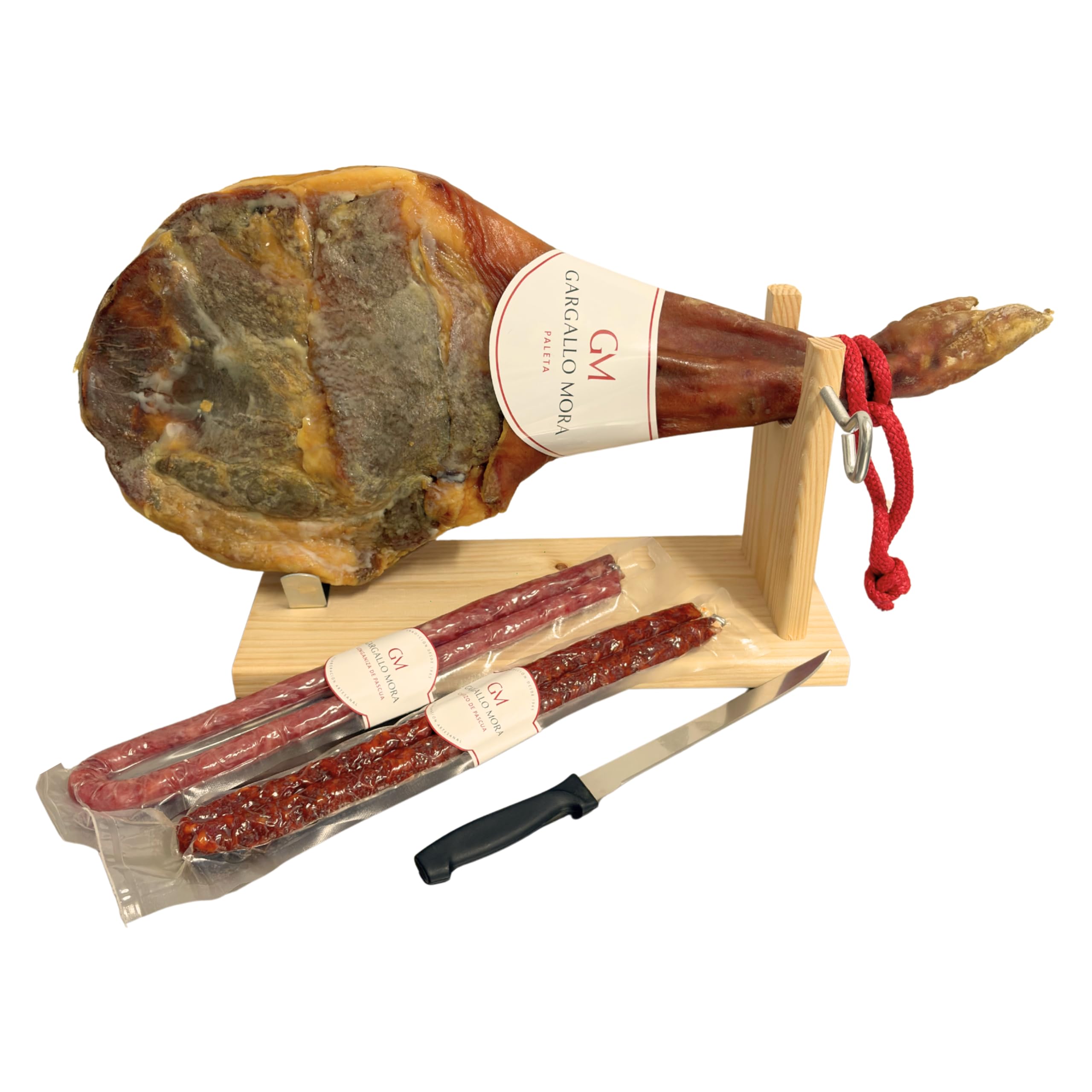 Jambon espagnol de réserve 4,5 kg d'épaule de porc (50% Duroc) affiné pendant au moins 10 mois + Chorizo ​​de Pâques et Longaniza + support à jambon et couteau