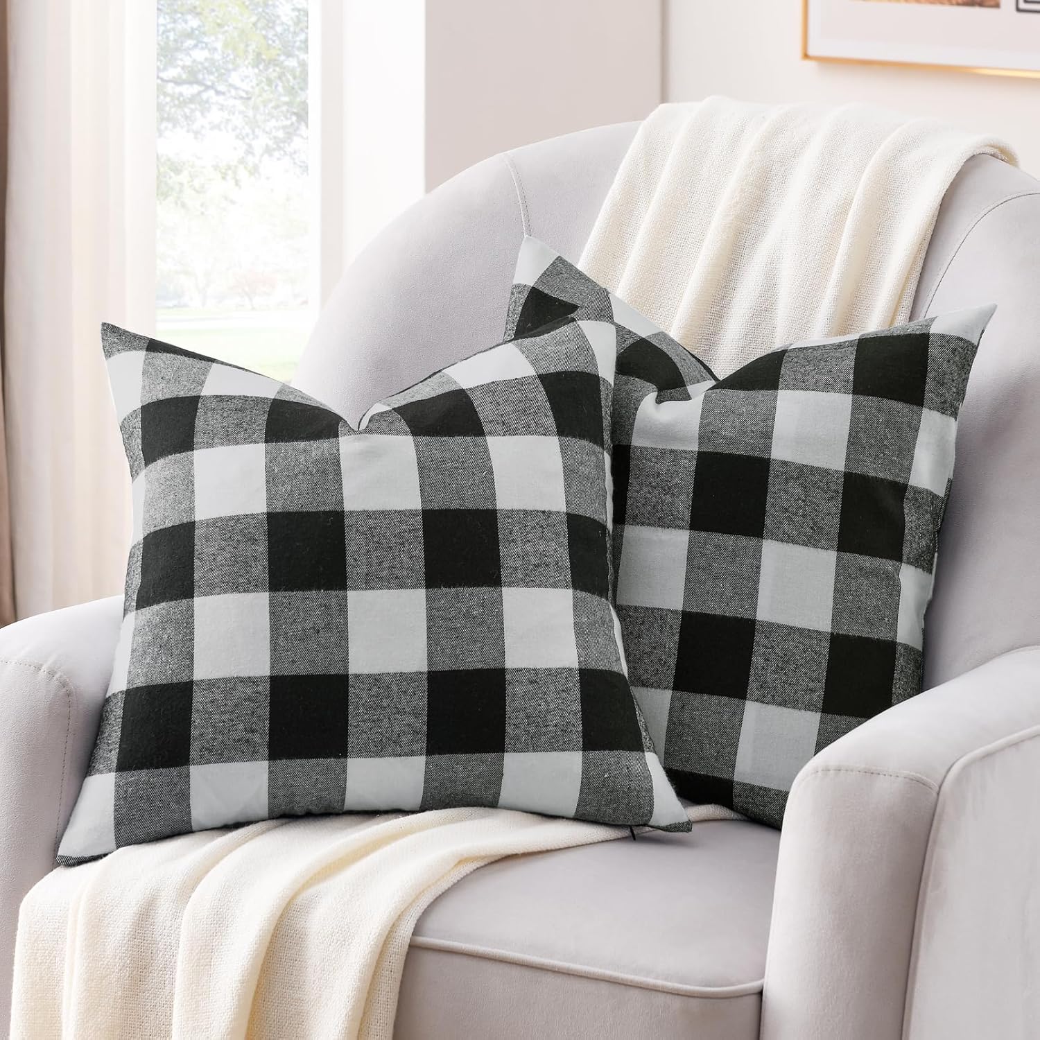 Volcanics Set of 4 Black and White Buffalo Check Plaid Decorative Throw Pillow Covers 20x20 Inches for Farmhouse Fall Decor, Sofa, Couch, and Home Decor