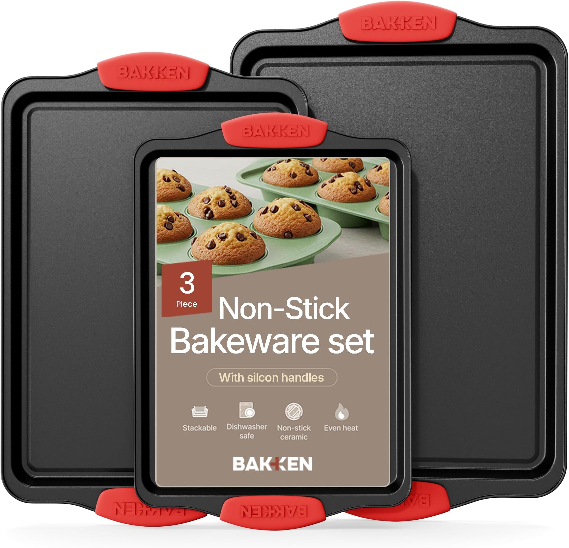 Bakken- Swiss Baking Pan Set – 3 Piece Cookie Sheet – Deluxe Black Non-Stick Carbon Steel – Silicone Handles – Commercial Grade Restaurant Quality – PFOA PFOS and PTFE Free by
