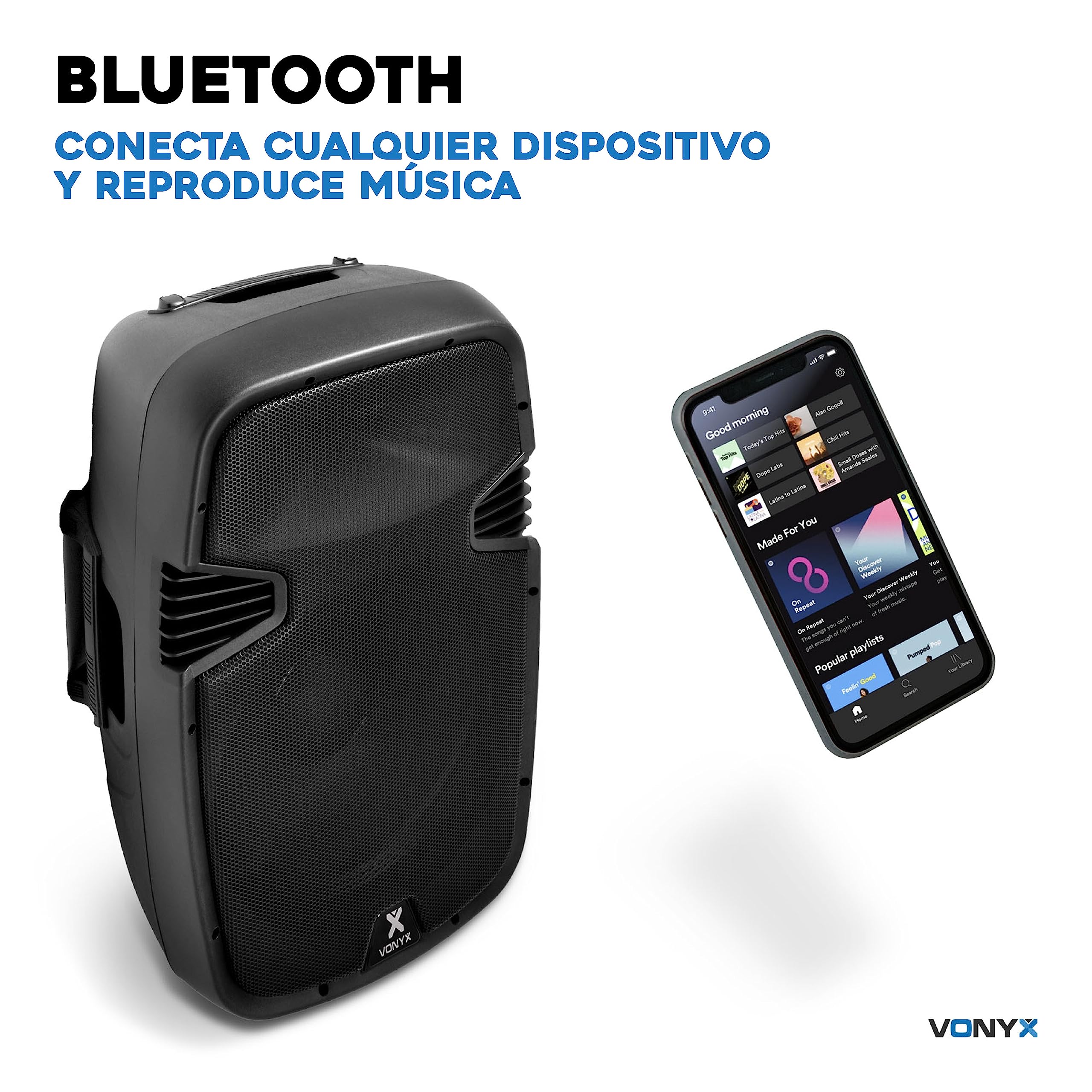 Vonyx SPJ-1500ABT Altavoz Activo 15” Autoamplificado 800W con Bluetooth, Reproductor MP3, USB/SD, Entrada Micrófono, Subwoofer Potente, Sonido Profesional para Fiestas, DJ, Eventos y Karaoke
