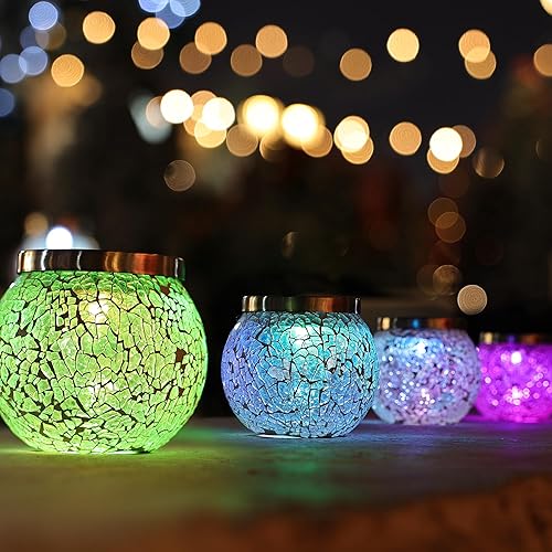 Cooo 4 Pack Heavy Solar Mosaic Crackle Glass Lights with