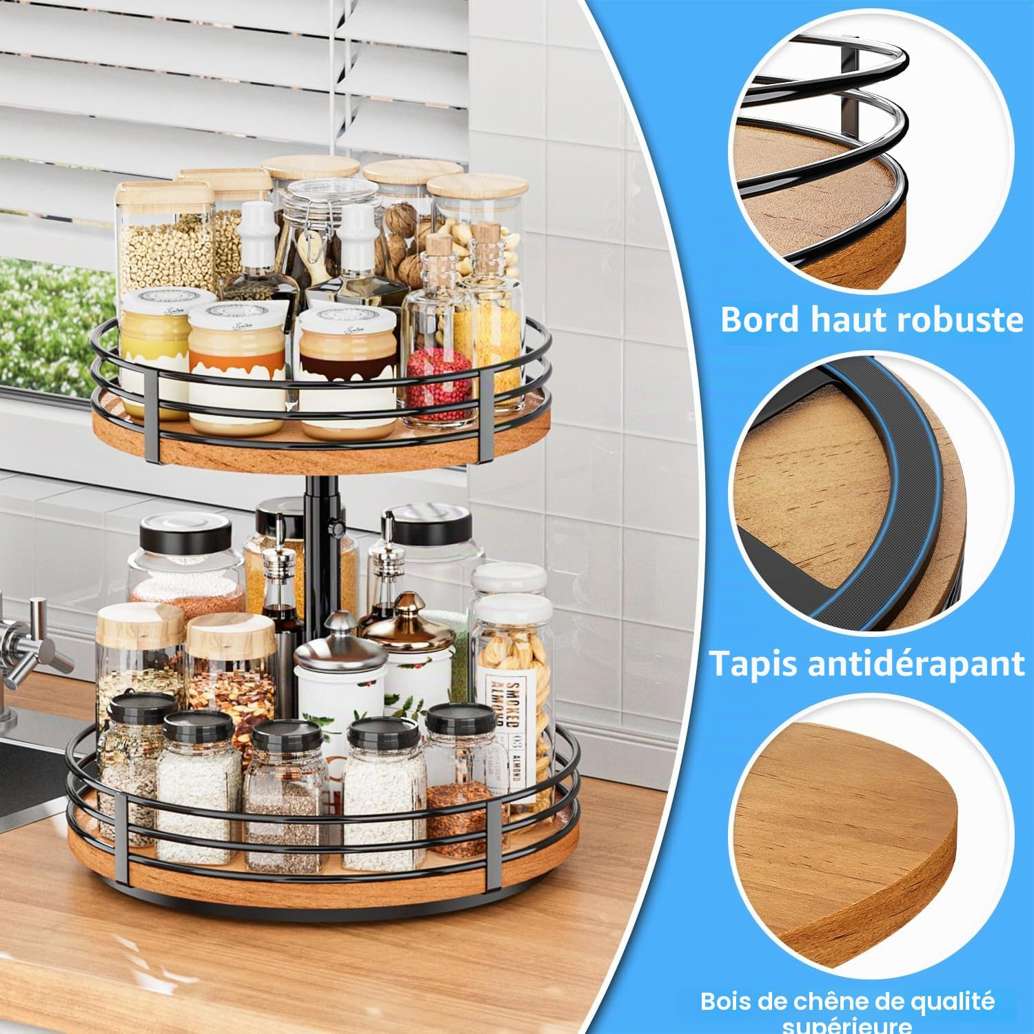 Lazy Susan Organiseur de Plateau tournant réglable – Étagère à épices rotative en Bois à 2 Niveaux de 30,5 cm pour comptoir de Cuisine, Garde-Manger, Placard, Table de Salle de Bain, café, Bar