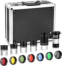 Astromania 14 Piece Telescope Accessory Kit 1.25 Inch Telescope Eyepiece and Filter Set Deluxe Version, 5pcs Plossl Eyepiece Set, 6pcs Colored Filter Set, Moon Filter, 2X Barlow Lens&Sturdy Carry Case