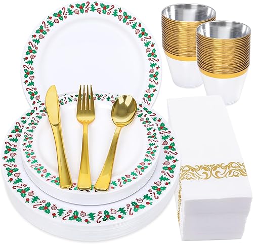 175 platos de Navidad de plástico, 25 platos de plástico de Navidad, 25 platos de plástico para árbol de Navidad, 25 cubiertos de plástico