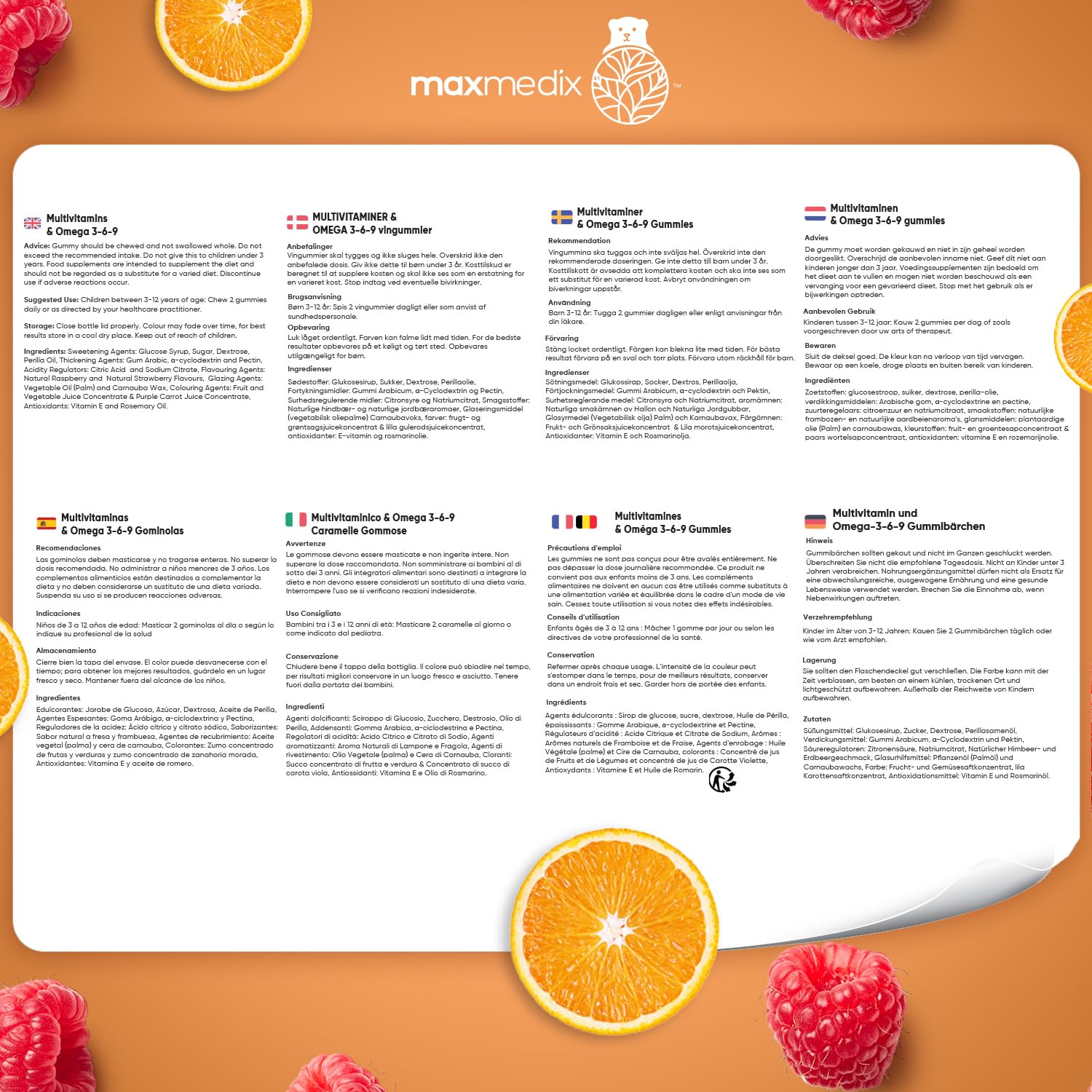 Vitamine Bambini con Omega 3 6 9, 120 Gommose (2 Mesi), 12 Vitamine con Zinco e Inositolo, Multivitaminico Bambini, Gusto di Lampone e Arancia, per Vegetariani, Adatto dai 3 ai 12 Anni, Senza Glutine