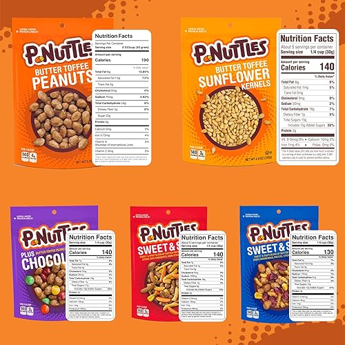 Miniatura 2 de P-Nuttles Paquete variado de cacahuetes de caramelo de mantequilla, paquete de 6 nueces confitadas, mezcla de fiesta, mezcla dulce y salada,