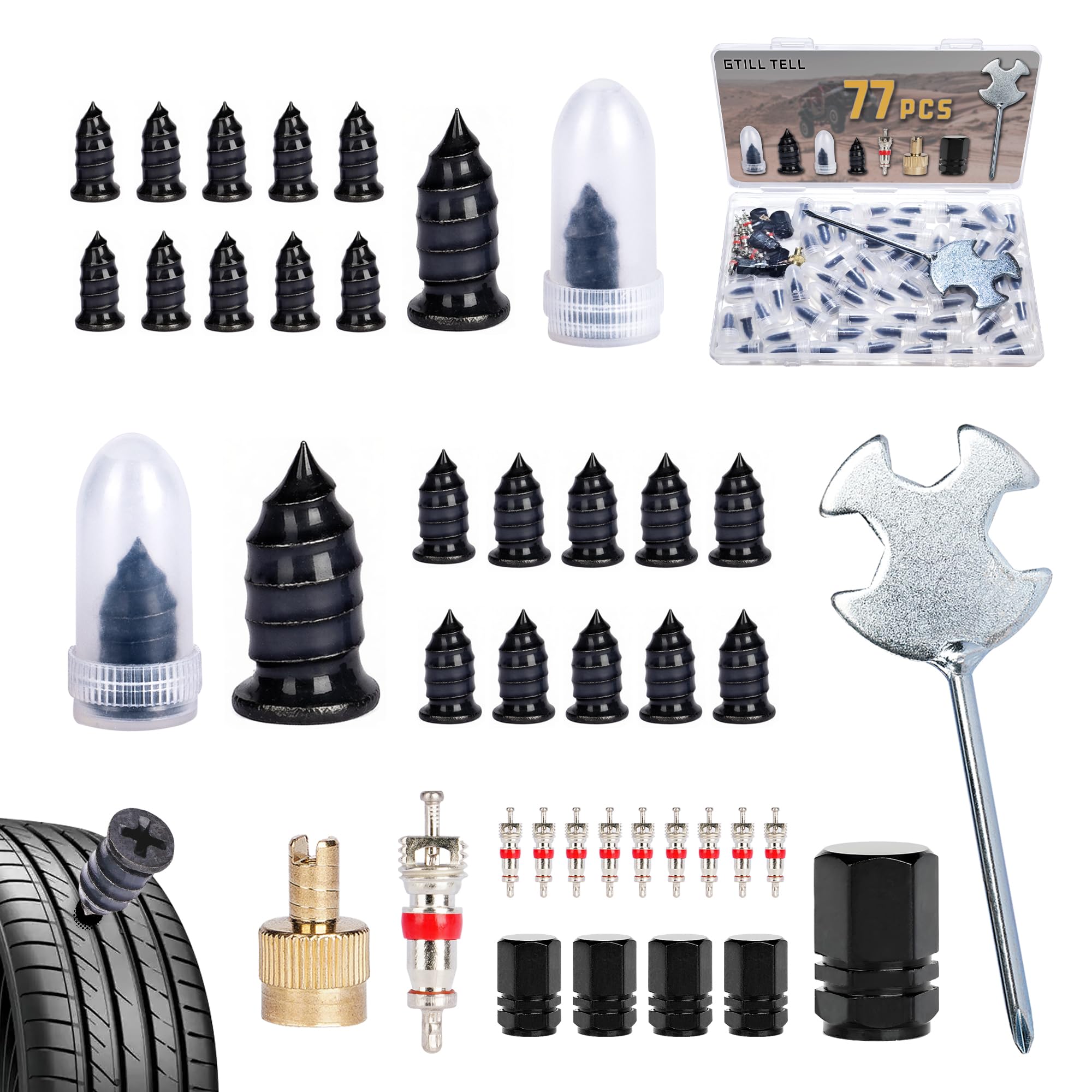 GTILL Tell 77PCS Tire Plug Kit with Tire Repair Rubber Nail Multifunction Screwdriver and Valve Core Tool Kit