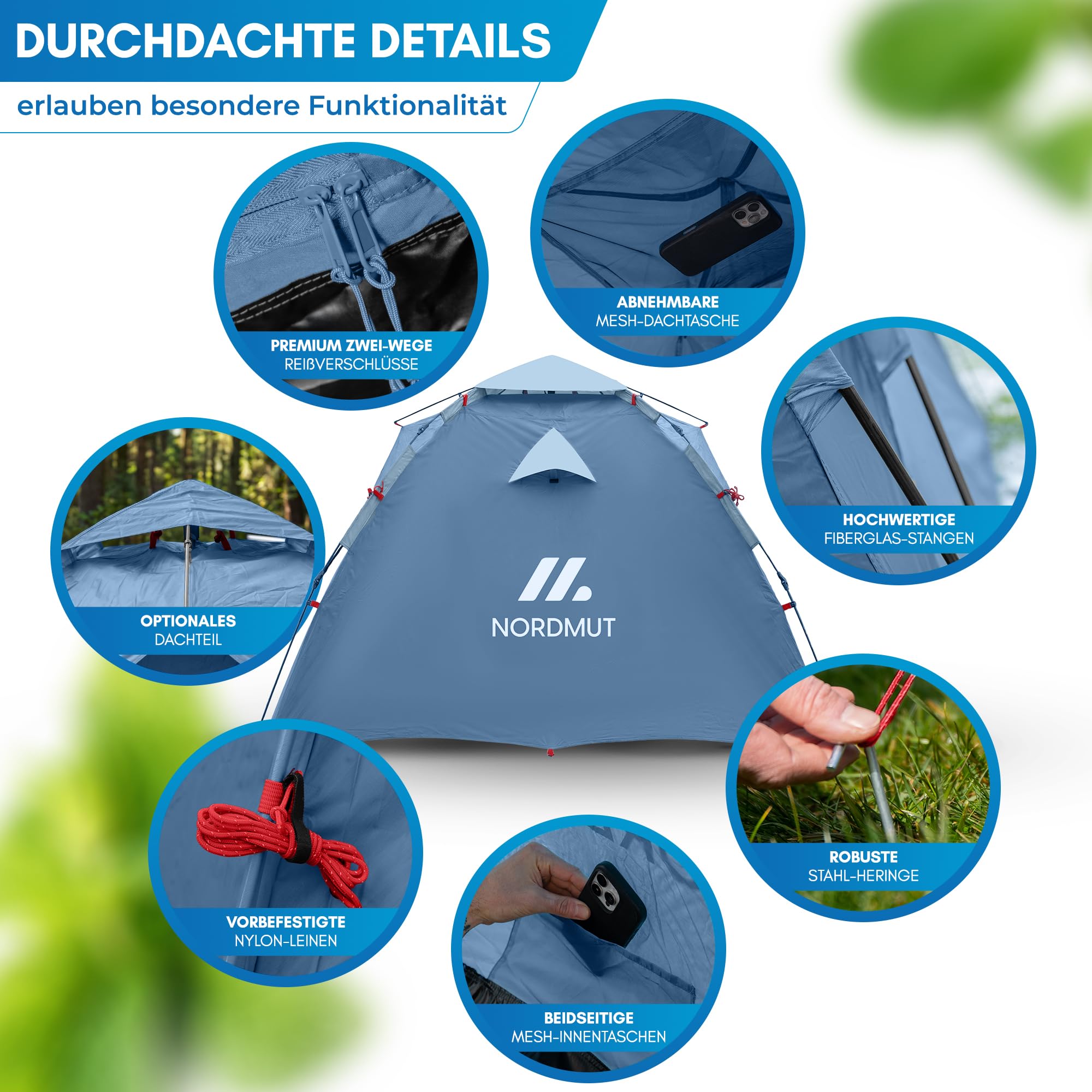 NORDMUT® Wurfzelt 2-4 Personen für blitzschnellen Aufbau – Pop Up Zelt 2-4 Personen wasserdicht & UV-Schutz – Campingzelt mit hervorragender Luftzirkulation