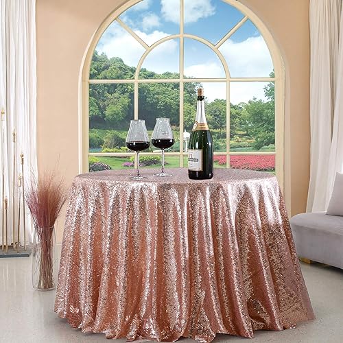 Mantel redondo de lentejuelas color oro rosa de 108 pulgadas con purpurina brillante, mesa de postre para Navidad, boda, baby shower, fiesta de