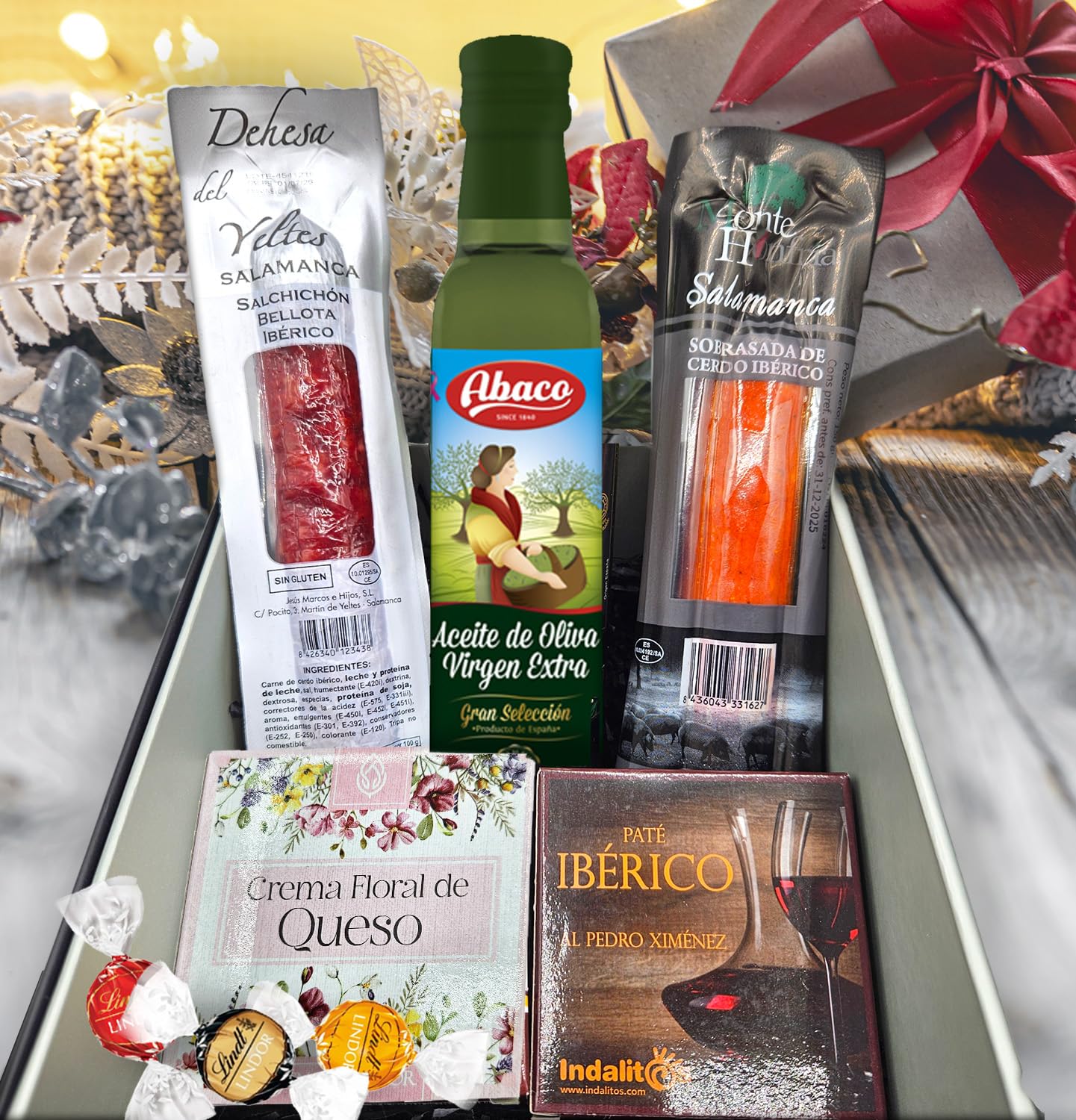 Cesta Navidad Gourmet S para Regalar | Perfecta para Regalos de Empresa | Aceite de Oliva Virgen Extra, Salchichón y Sobrasada Ibérica, Pate al PX y Crema Queso Floral