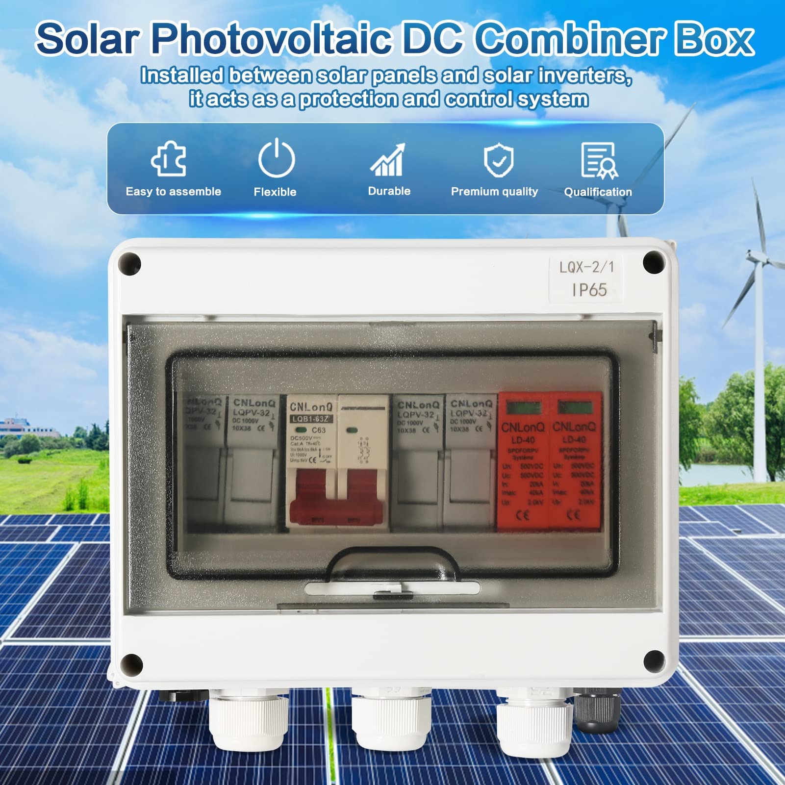 Jadeshay Scatola Combinatrice Fotovoltaica, Scatola di Giunzione Solare 500V 63A Scatola Combinatrice Solare Fotovoltaica 2 in 1 out Outdoor IP65 Impermeabile per Sistema Solare a Griglia