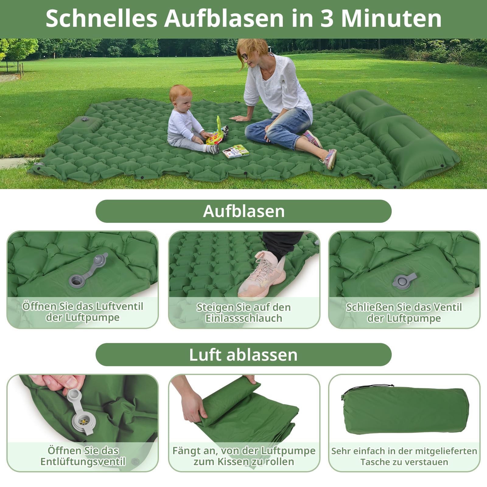 Materassino autogonfiabile per 2 persone, materassino da campeggio con pompa, ultraleggero con cuscino integrato, impermeabile, per esterni, escursioni, 120 x 190 cm (verde)