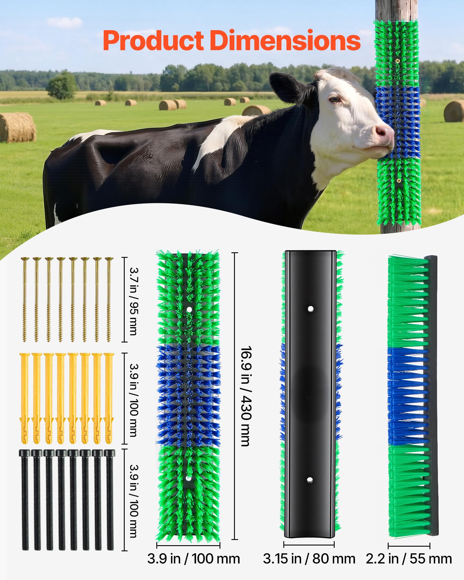 VEVOR Kratzbürste 43x10 cm, Viehbürste 4 Stk. inkl. 16 Schrauben, Rinderkratzer zur Linderung von Rückenjucken, Massage-& Pflege-Kratzwerkzeug für Pferde, Rinder, Schafe & Schweine, Grün & Blau